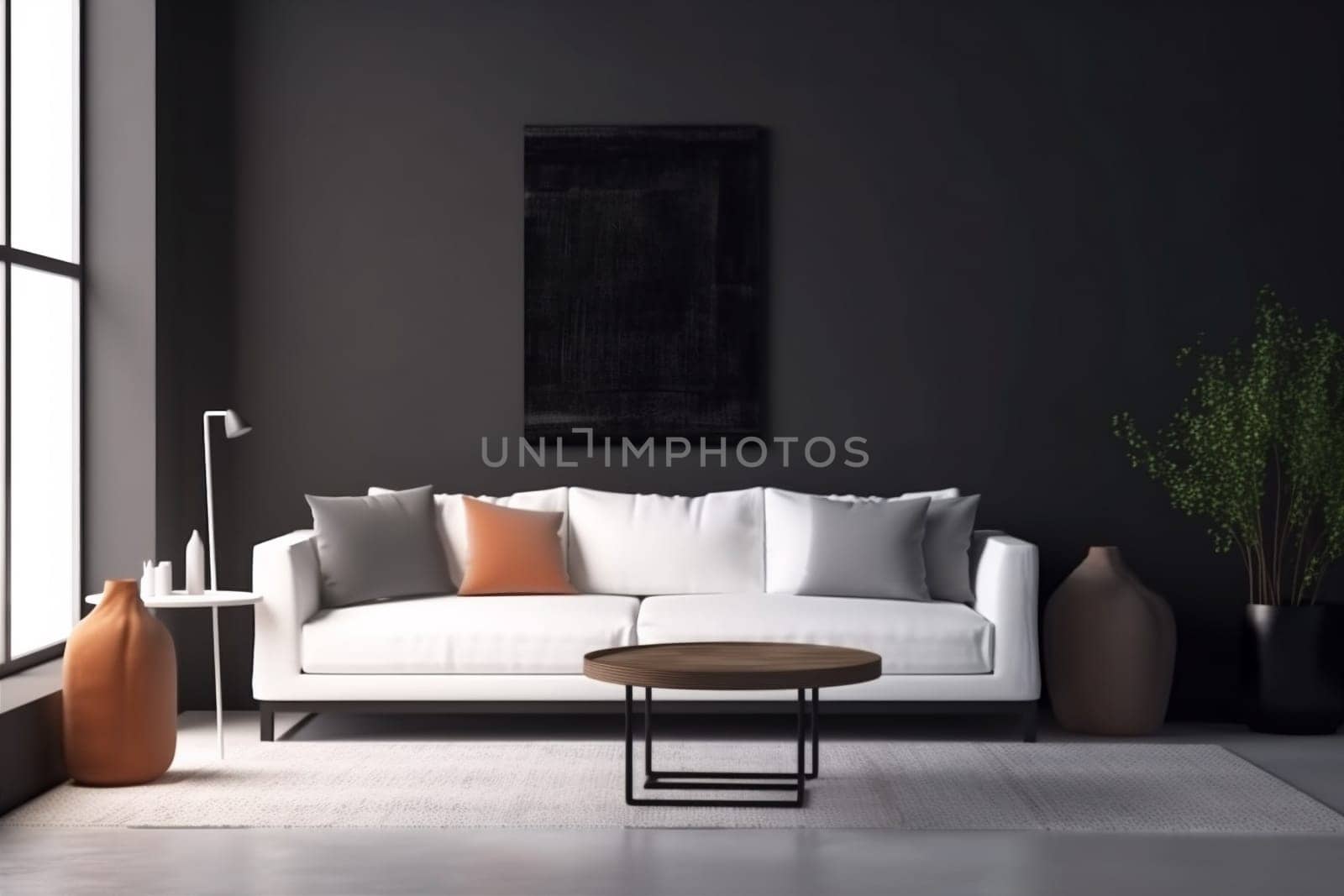 interior background furniture sofa floor design grey concrete dark living room light indoor space render decor room decoration. Generative AI.