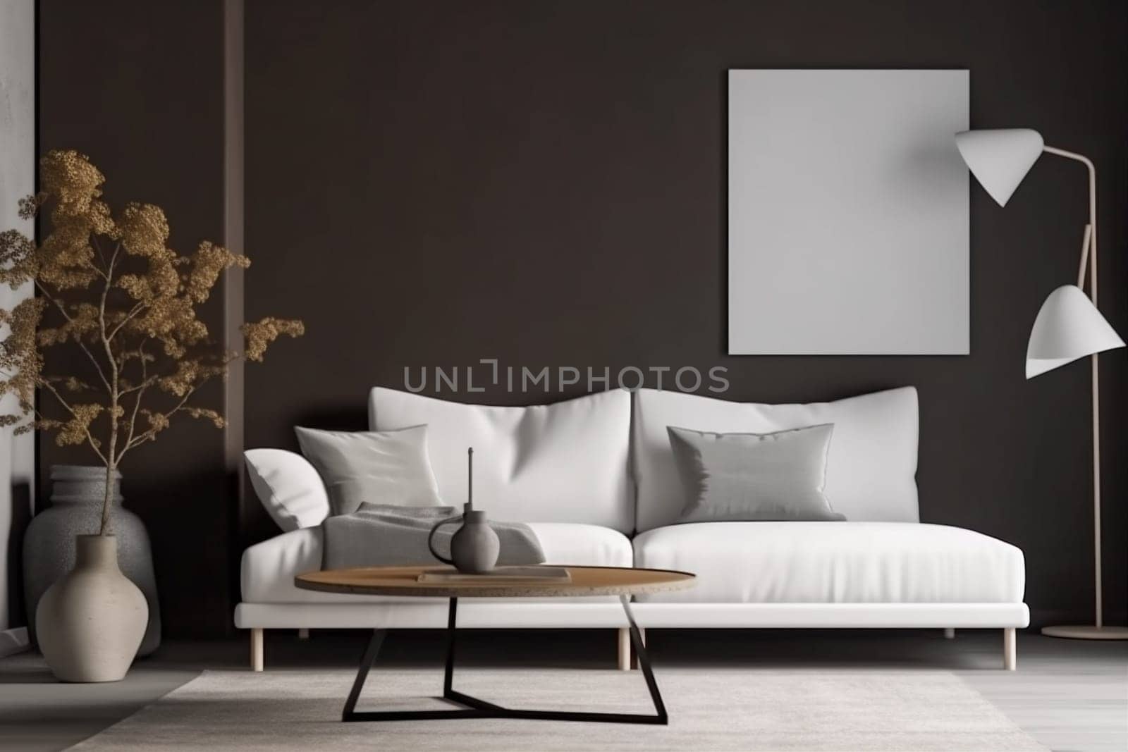 interior background grey apartment white couch lounge living room carpet room luxury. Generative AI. by SHOTPRIME