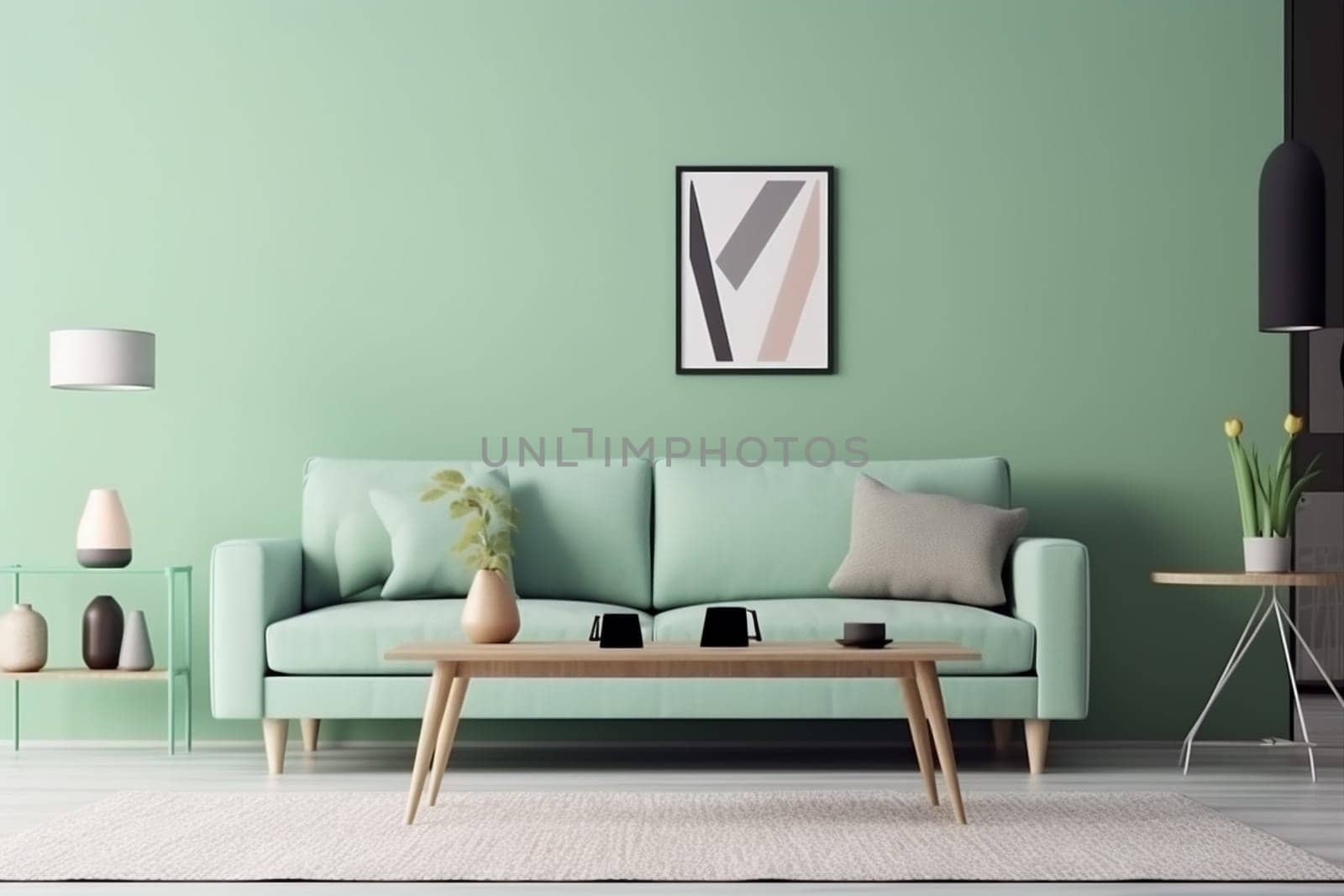 interior background home apartment floor wall furniture stylish green design carpet mint three-dimensional lamp lifestyle white couch comfortable. Generative AI.