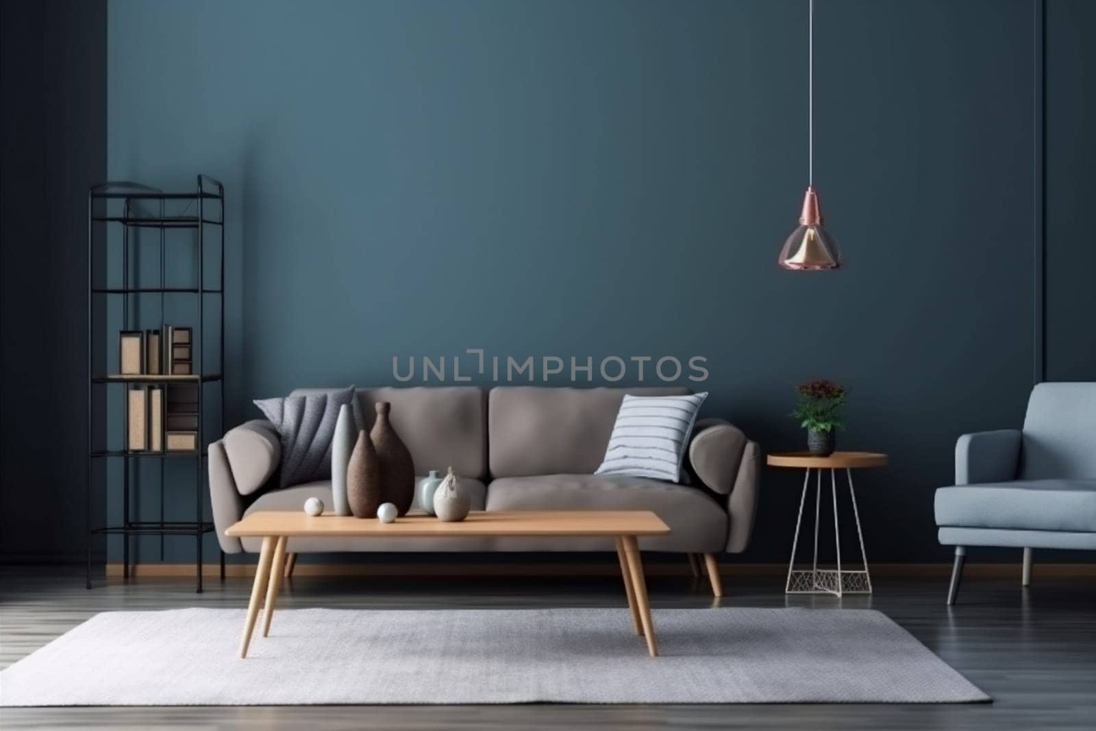 interior background simple living grey comfortable modern cosy concrete sofa house. Generative AI. by SHOTPRIME