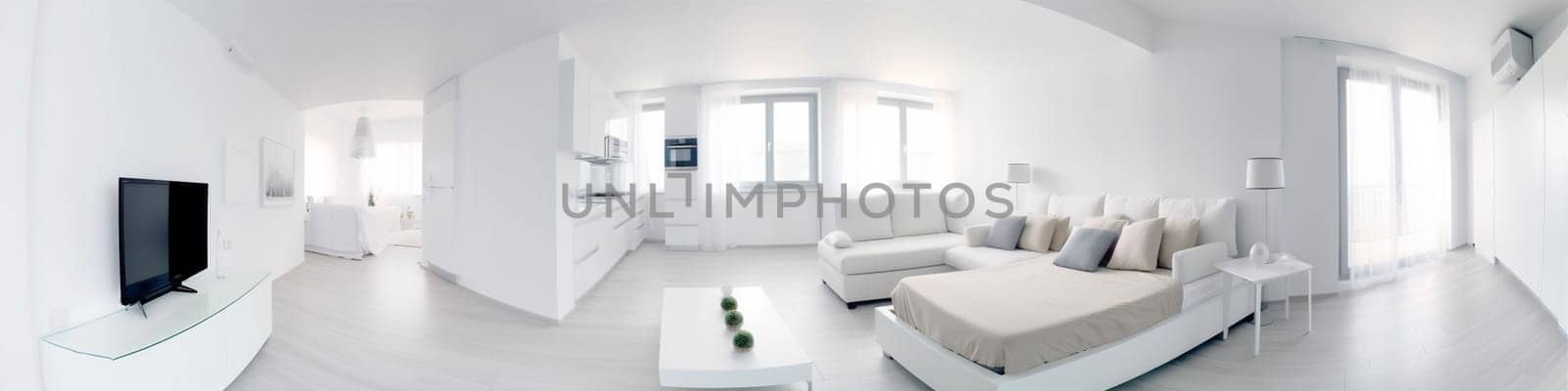 interior lcd room panoramic flat vase hall table loft panorama contemporary. Generative AI. by SHOTPRIME