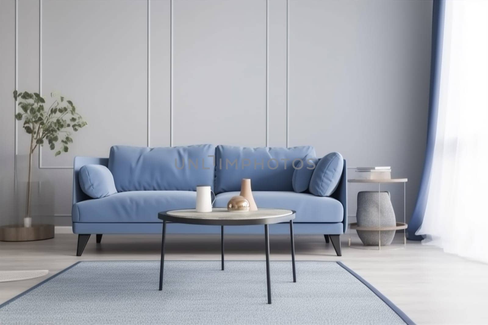 interior background indoor couch home modern blue cosy lounge sofa. Generative AI. by SHOTPRIME
