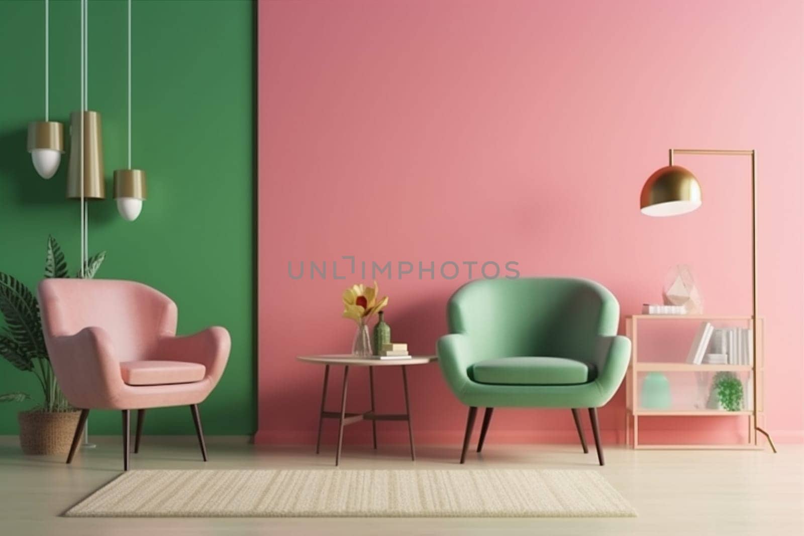 interior background space indoor copy space cushion wall pillow living home comfortable light house green couch pink lifestyle living room apartment empty contemporary. Generative AI.