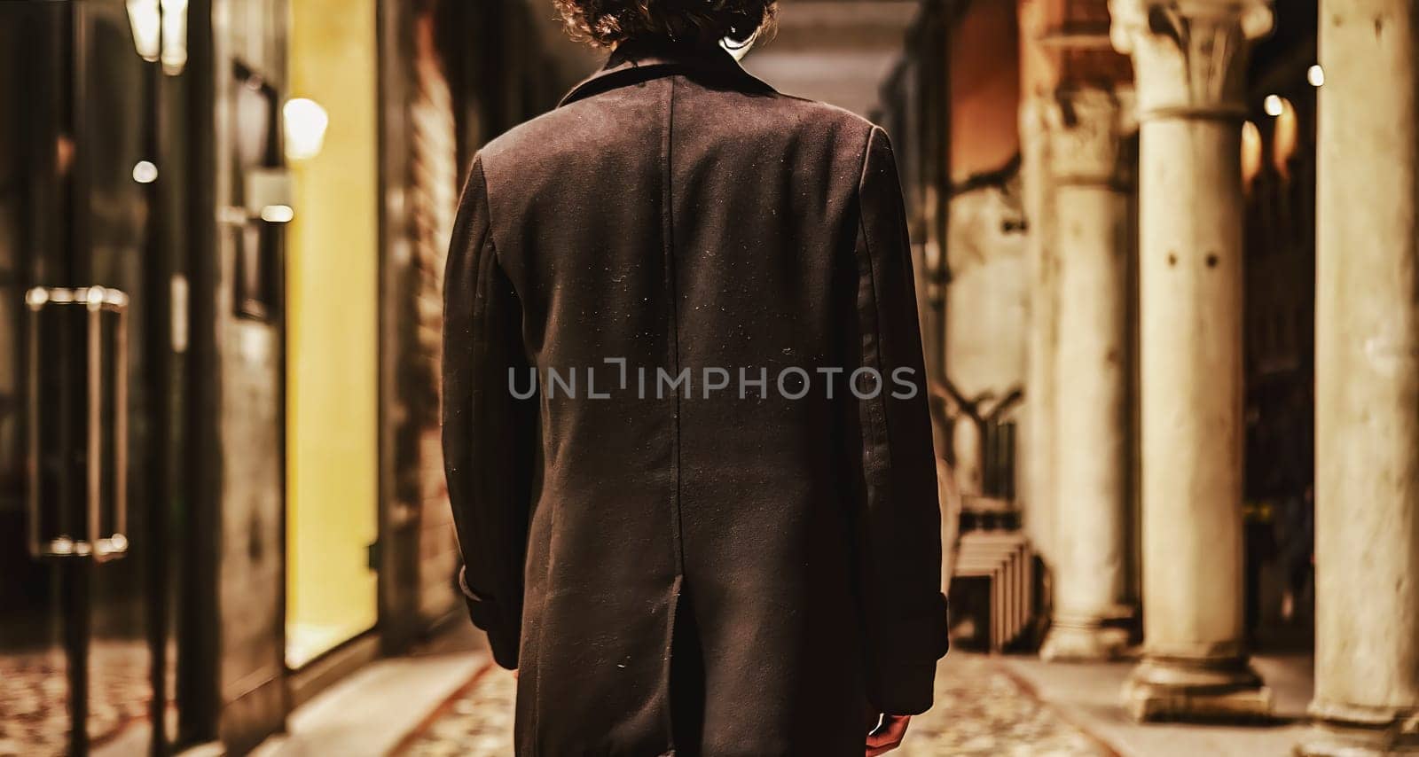 A young man's back as he walks away from the camera, disappearing into the cityscape.