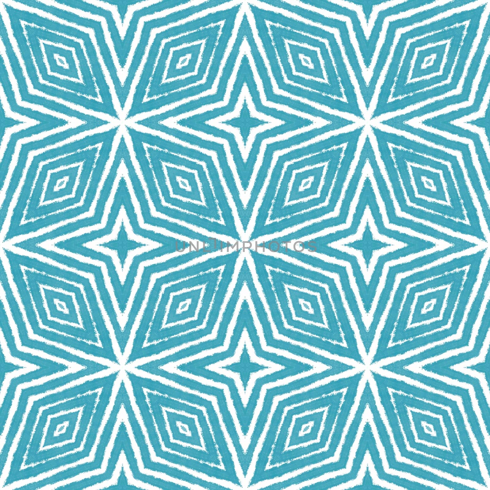 Ethnic hand painted pattern. Turquoise symmetrical kaleidoscope background. Textile ready eminent print, swimwear fabric, wallpaper, wrapping. Summer dress ethnic hand painted tile.