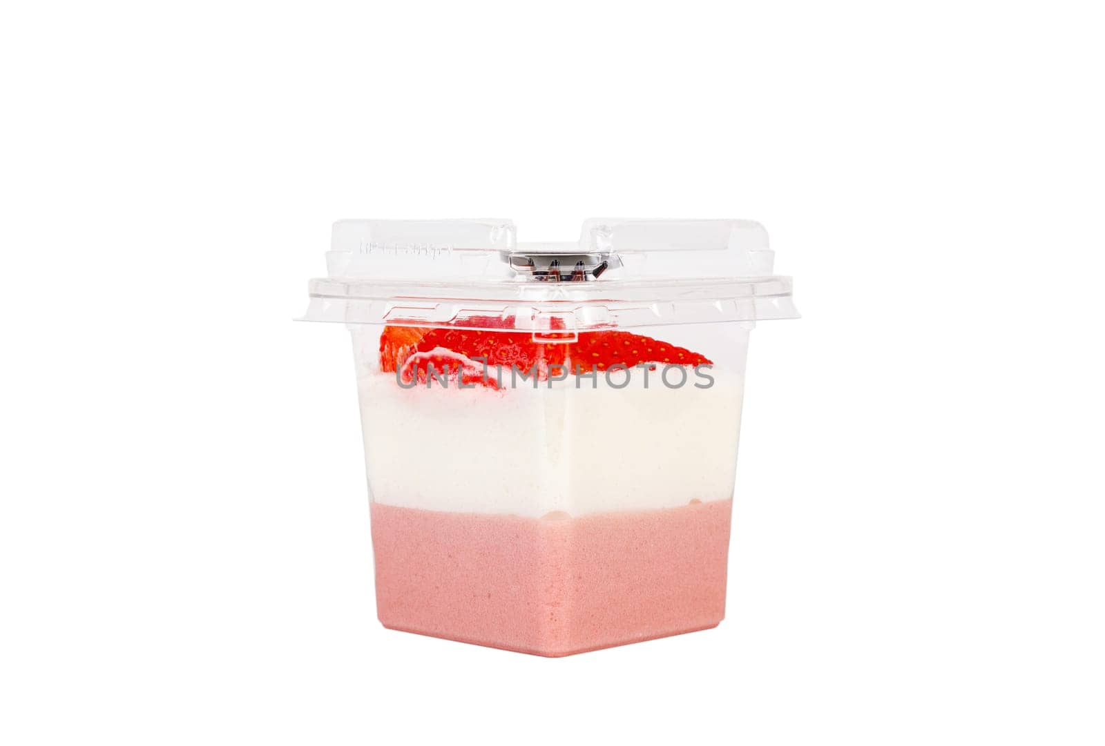Dessert of white and pink cream with strawberries in a plastic container on a white background. High quality photo