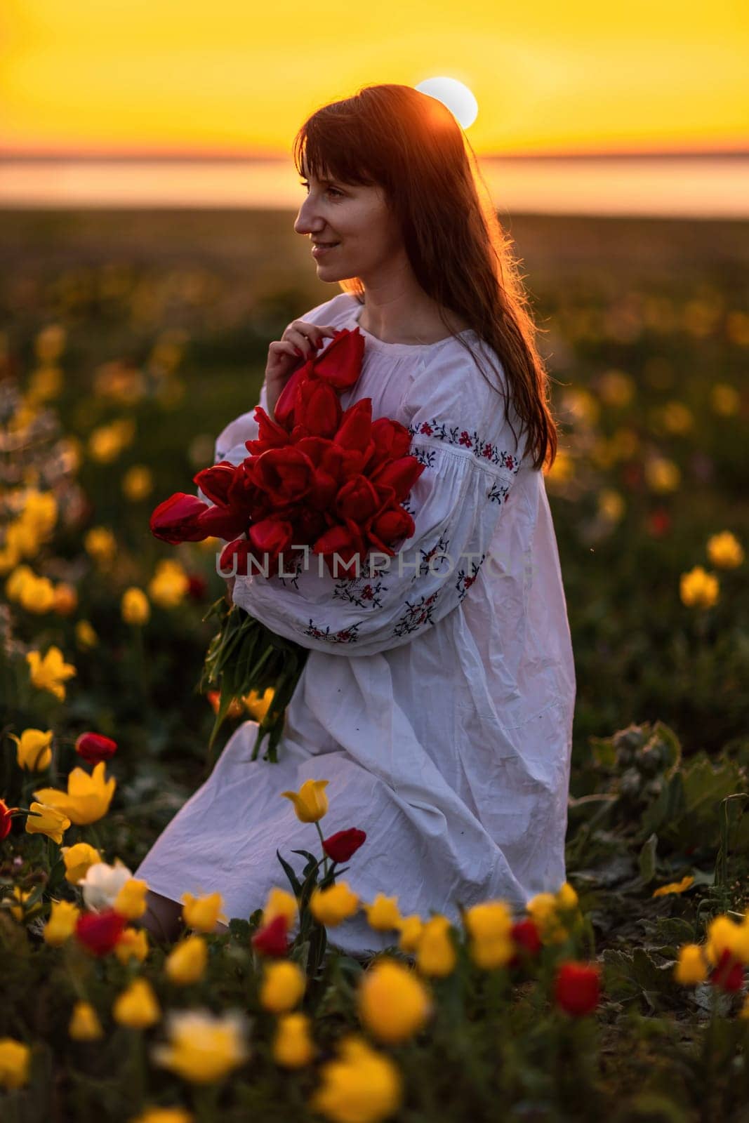 Woman field tulips sunset. Woman against sunset and wild tulip flowers, natural seasonal background. Multi-colored tulips Tulipa schrenkii in their natural habitat are listed in the Red Book