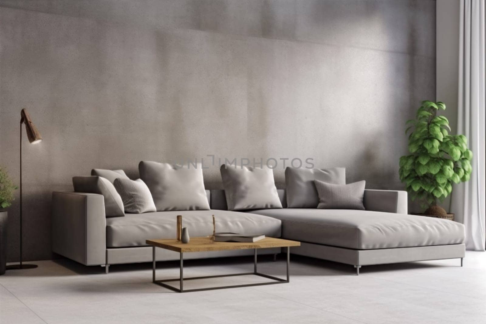 interior background grey lounge render concrete couch modern decoration three-dimensional wall green furniture indoor carpet home luxury empty living. Generative AI.