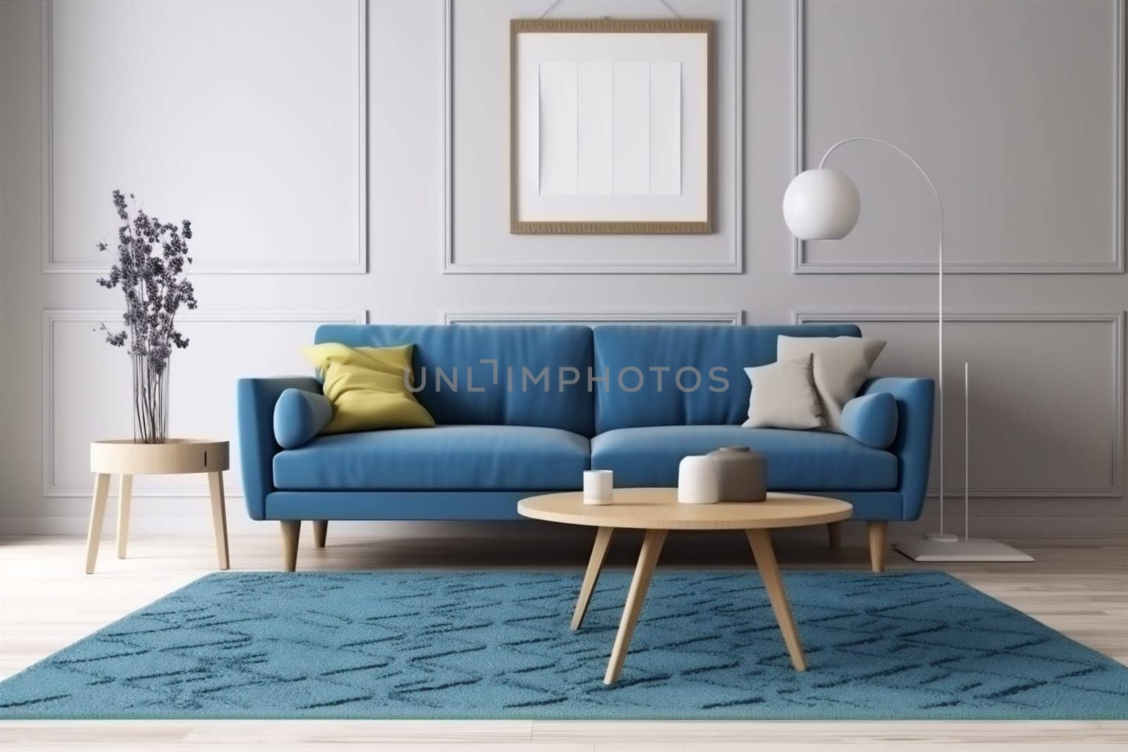 interior indoor couch luxury white floor living comfortable loft render pillow room decoration lifestyle carpet. Generative AI.