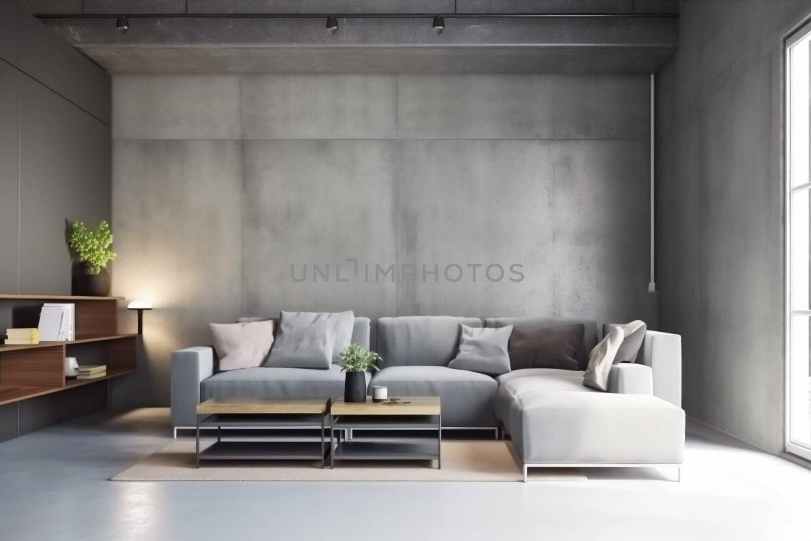 interior background comfortable apartment render decoration cosy concrete wall light scandinavian lamp living simple concrete three-dimensional sofa carpet furniture home wall couch loft. Generative AI.