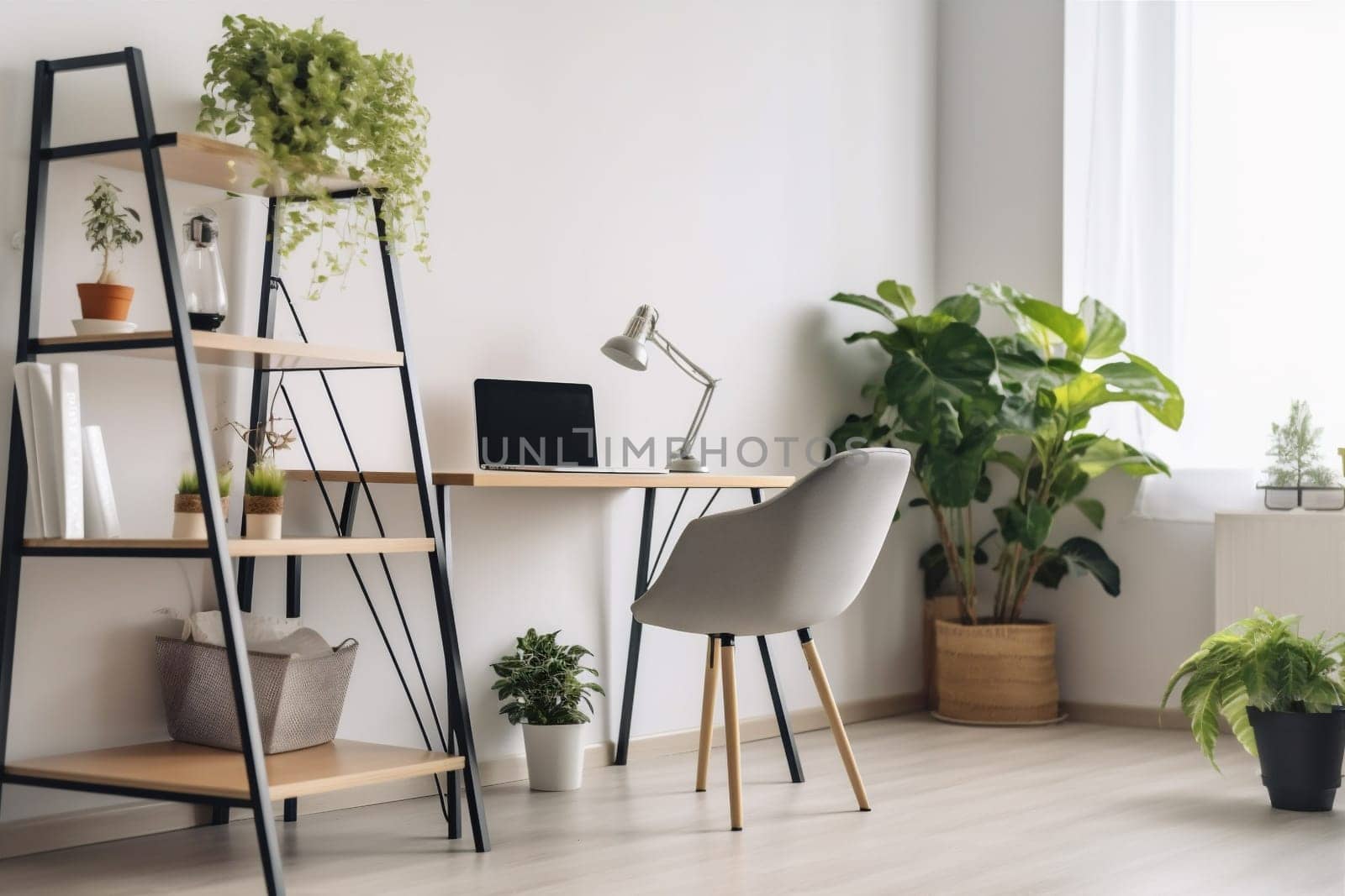 interior background monitor light lifestyle lamp room armchair living workplace apartment furniture workspace stylish technology beautiful mockup trendy shelves screen desk. Generative AI.