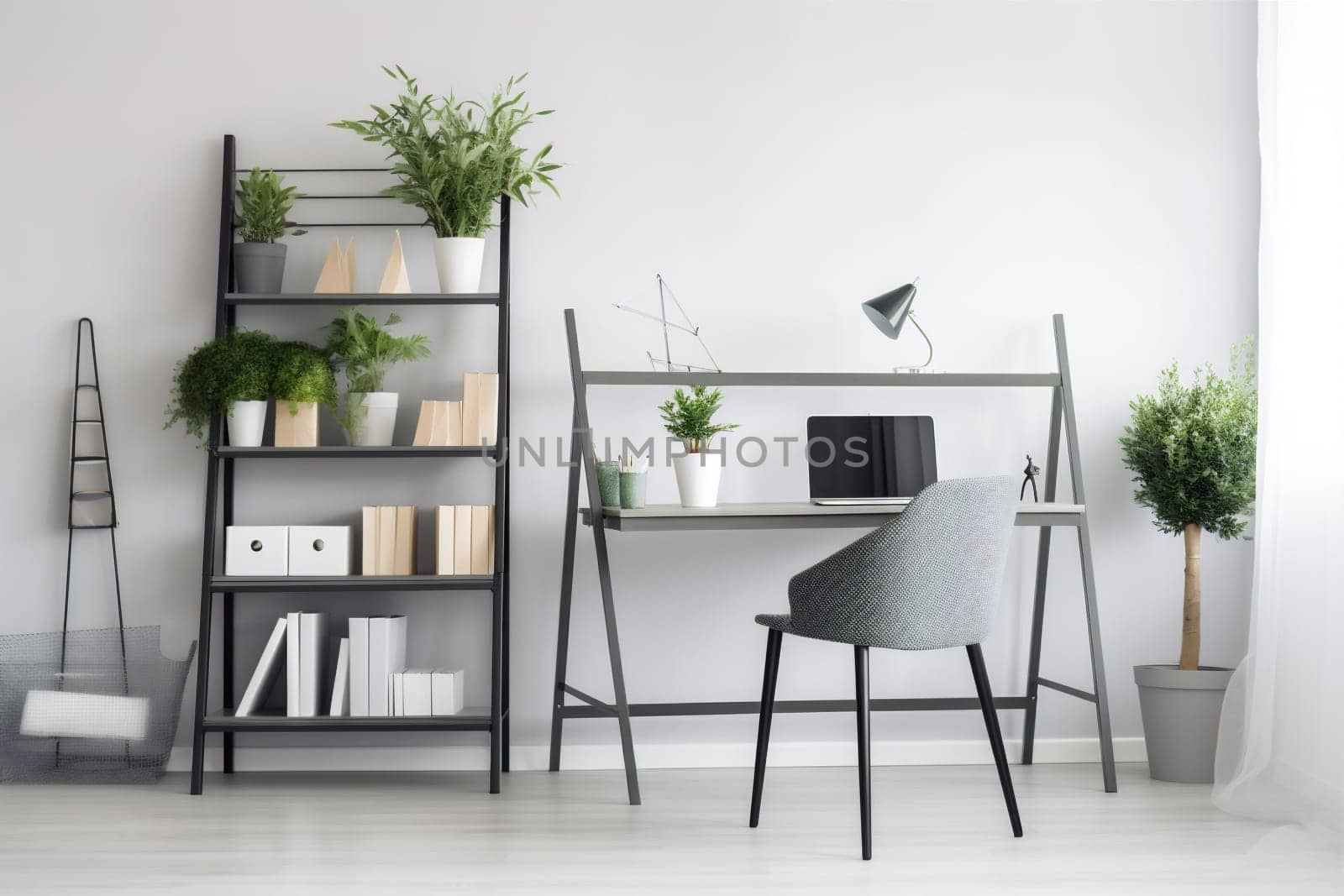 interior background workplace armchair home lifestyle desktop style computer stylish job modern work wooden white business light office shelves technology decor apartment. Generative AI.