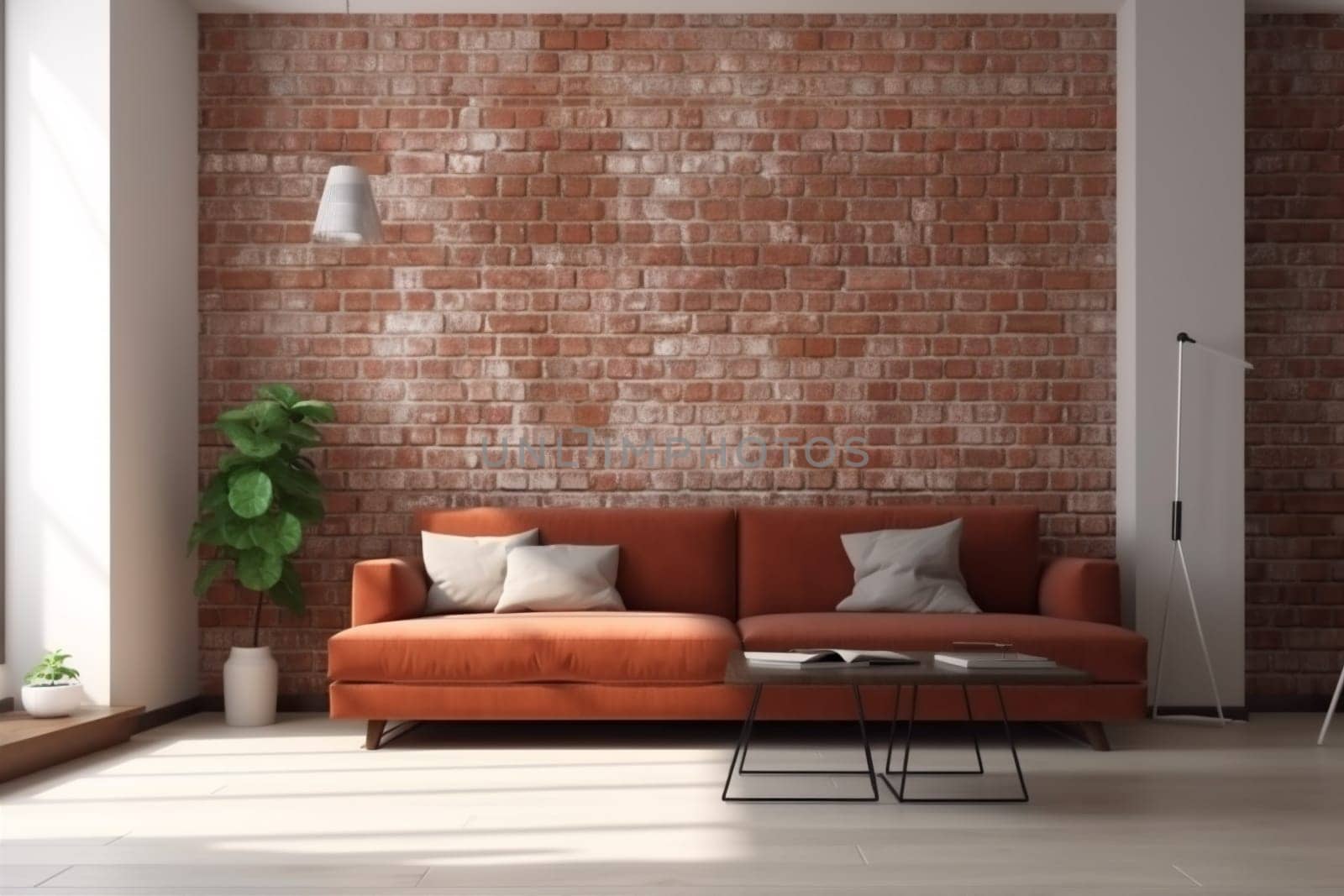 interior background furniture living couch floor decor loft empty render space living room modern lifestyle wall decoration cushion brick wall orange room terracotta. Generative AI.