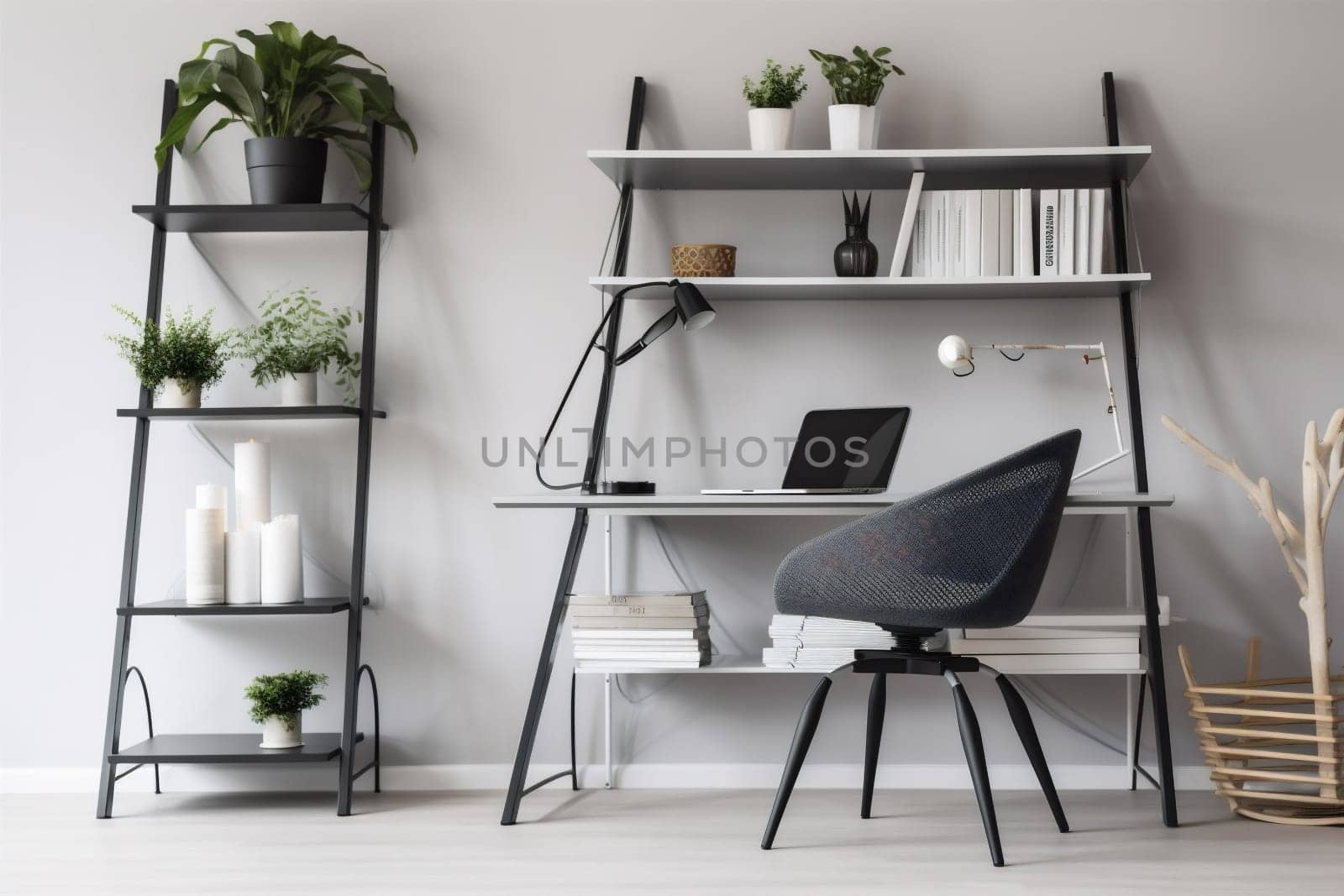 interior background apartment monitor trendy computer living white shelves room lifestyle armchair stylish decor modern contemporary job. Generative AI.