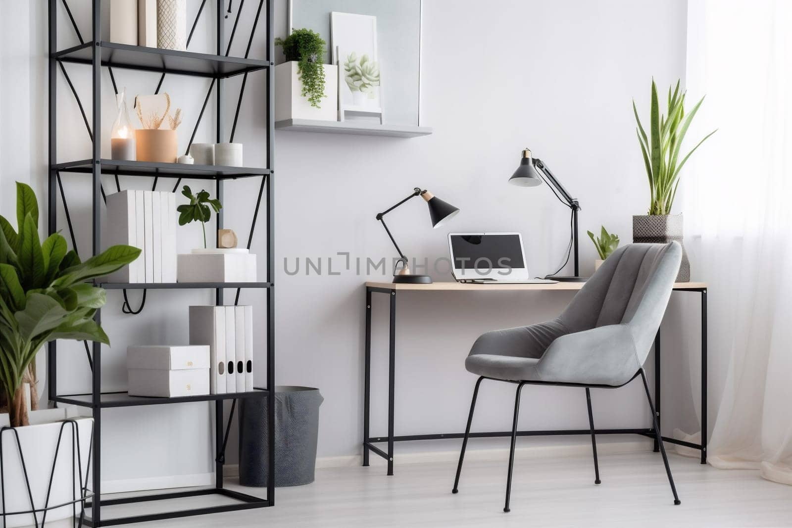 interior background light plant armchair wall pc laptop technology desk furniture shelf lamp white workspace room table home chair. Generative AI.
