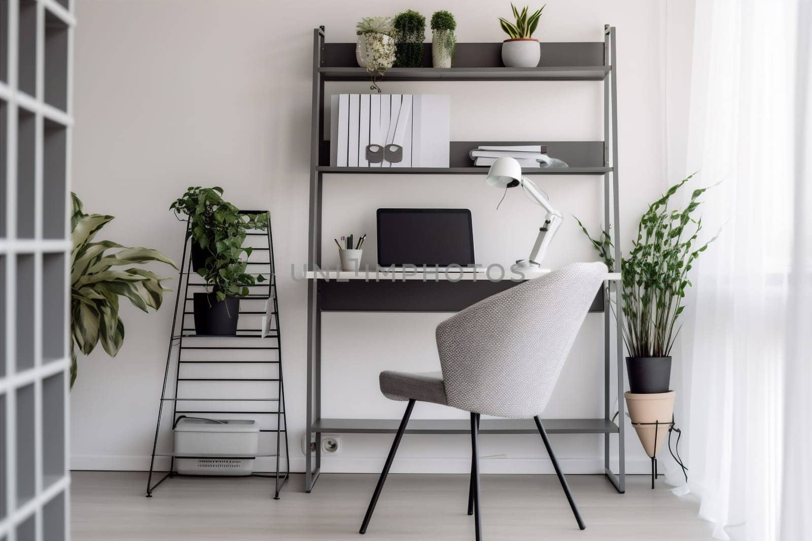 interior background plant lifestyle screen workplace desk modern space business white home room pc furniture indoor desktop lamp apartment laptop. Generative AI.