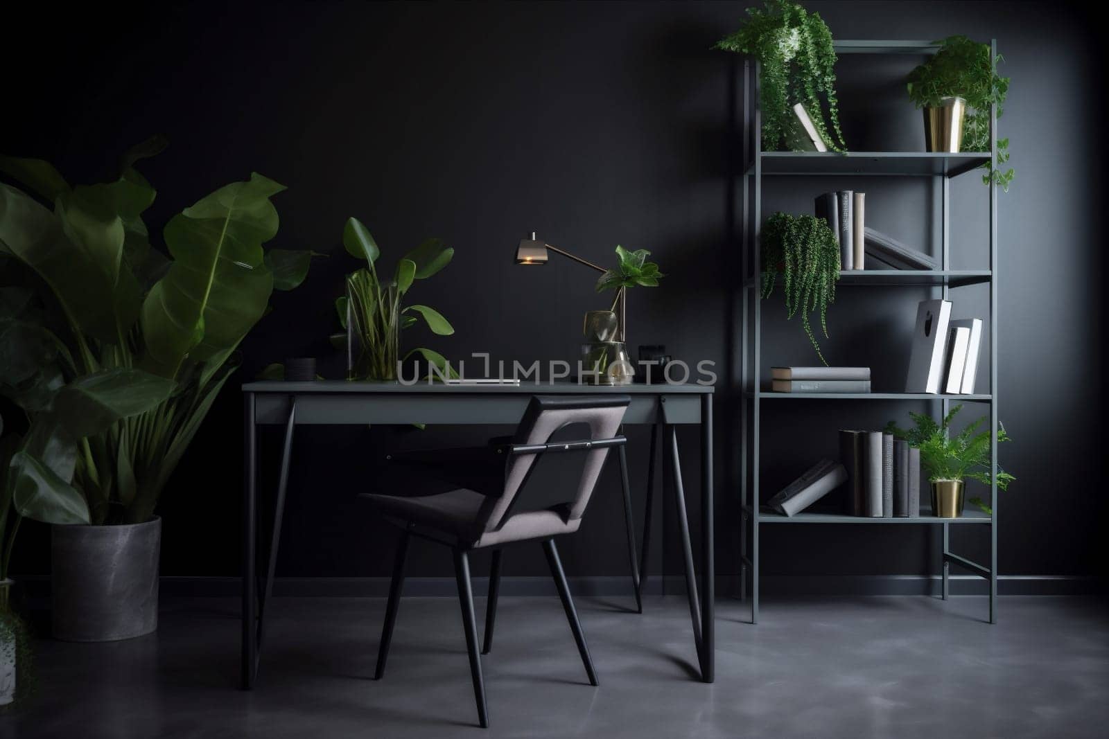 interior background pc job plant gray space table shelves light furniture contemporary desktop computer wooden workspace screen beautiful room dark. Generative AI.