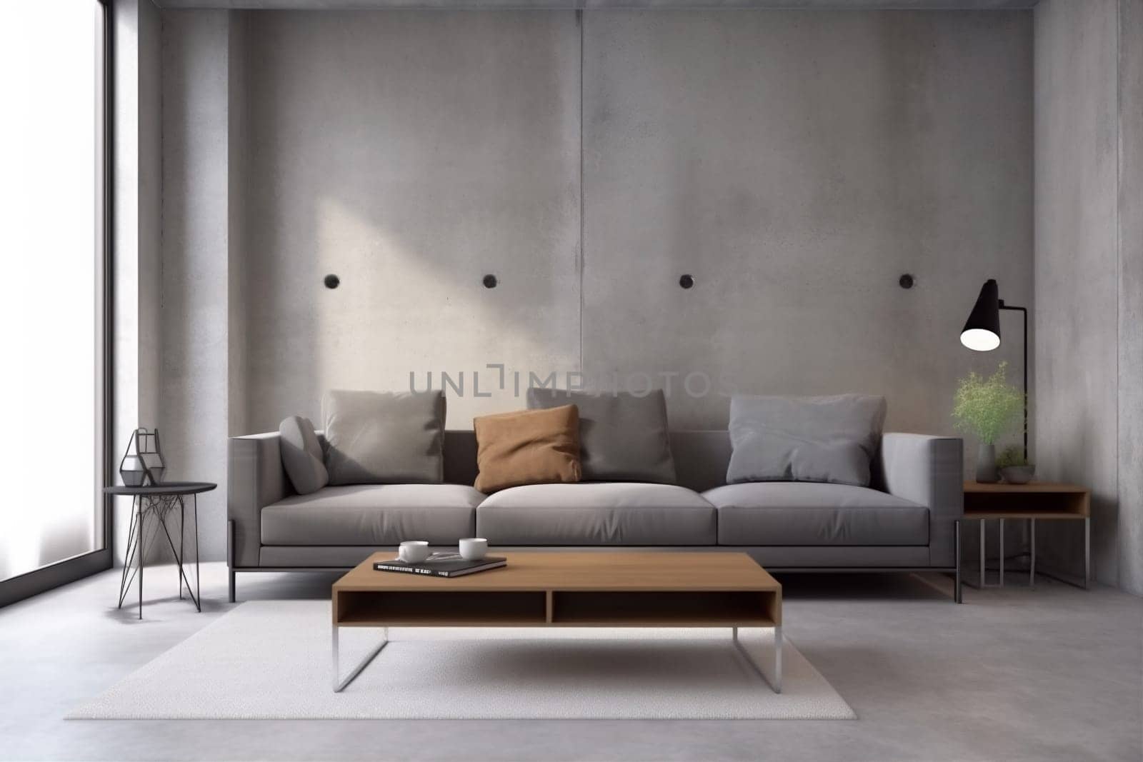 interior background cosy style modern space lamp design room loft living room living contemporary concrete wall comfortable render empty decor. Generative AI.