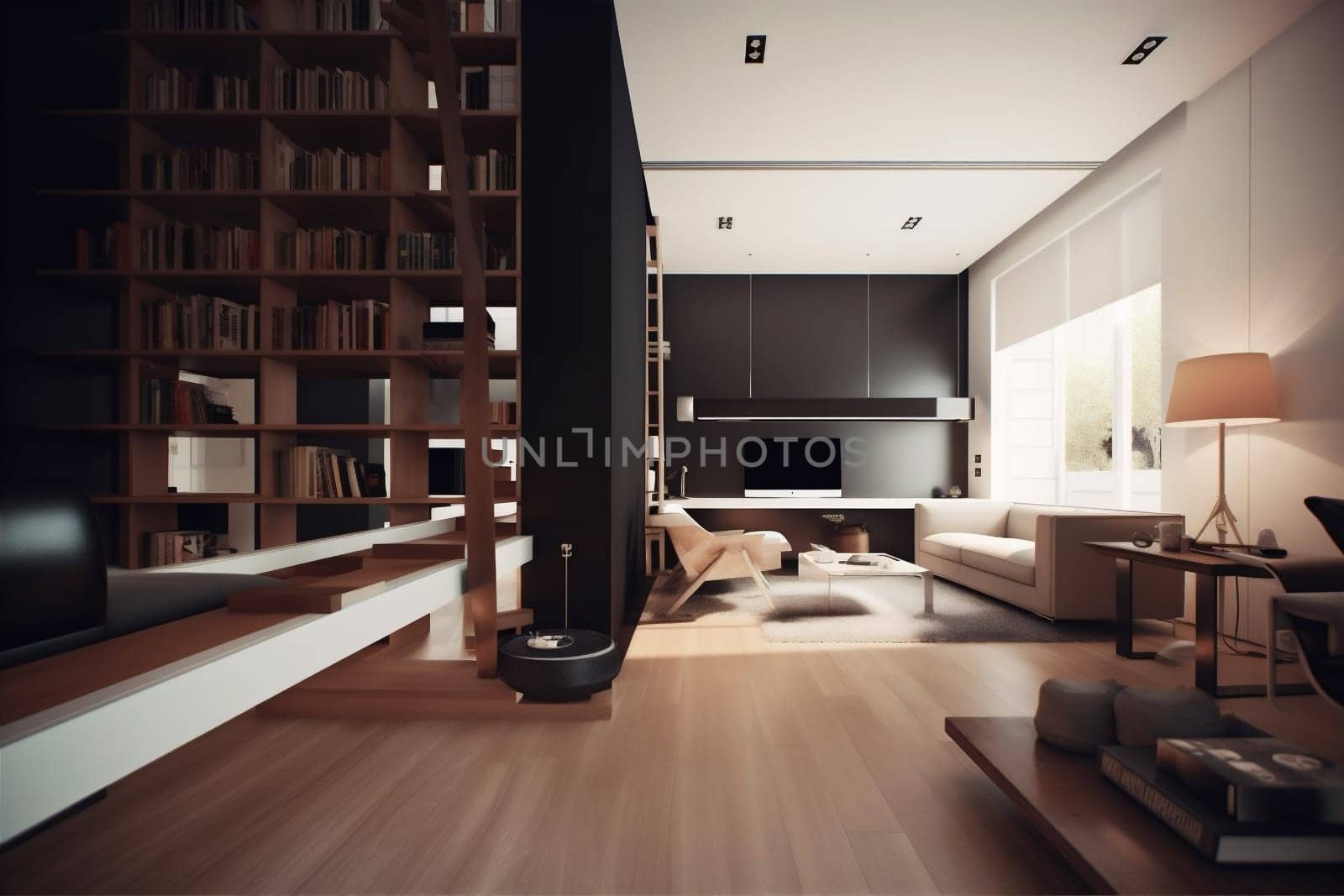 interior apartment floor furnished pillow house couch nobody white chair window modern home comfortable lifestyle. Generative AI.