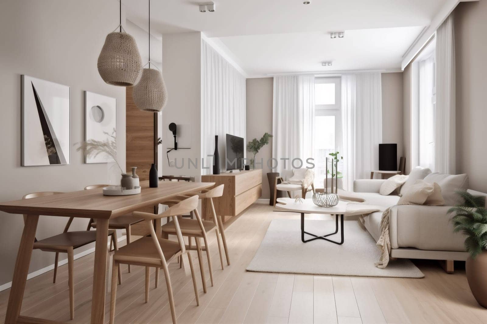 interior background generative ai design green apartment indoor nobody stylish lifestyle pillow window estate light home living room room beige armchair table. Generative AI.