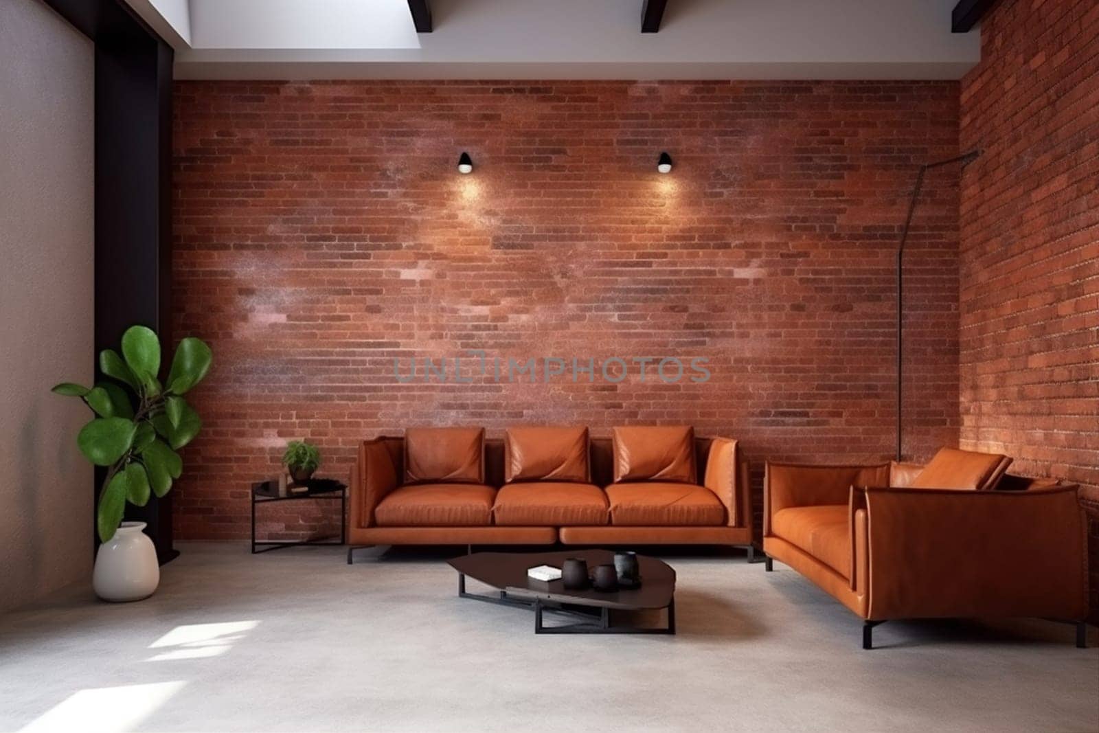 interior background brick wall design three-dimensional contemporary floor light house comfortable wall cosy cushion carpet luxury home space loft sofa orange decor. Generative AI.