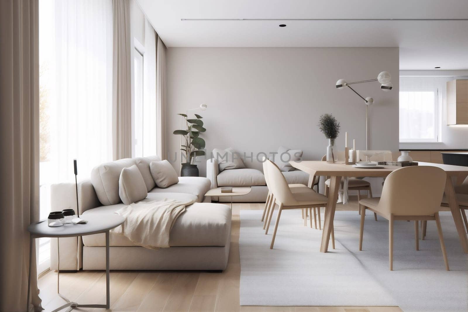 interior background apartment couch design light decor table green home chair empty wall furniture stylish architecture floor sofa house carpet. Generative AI.
