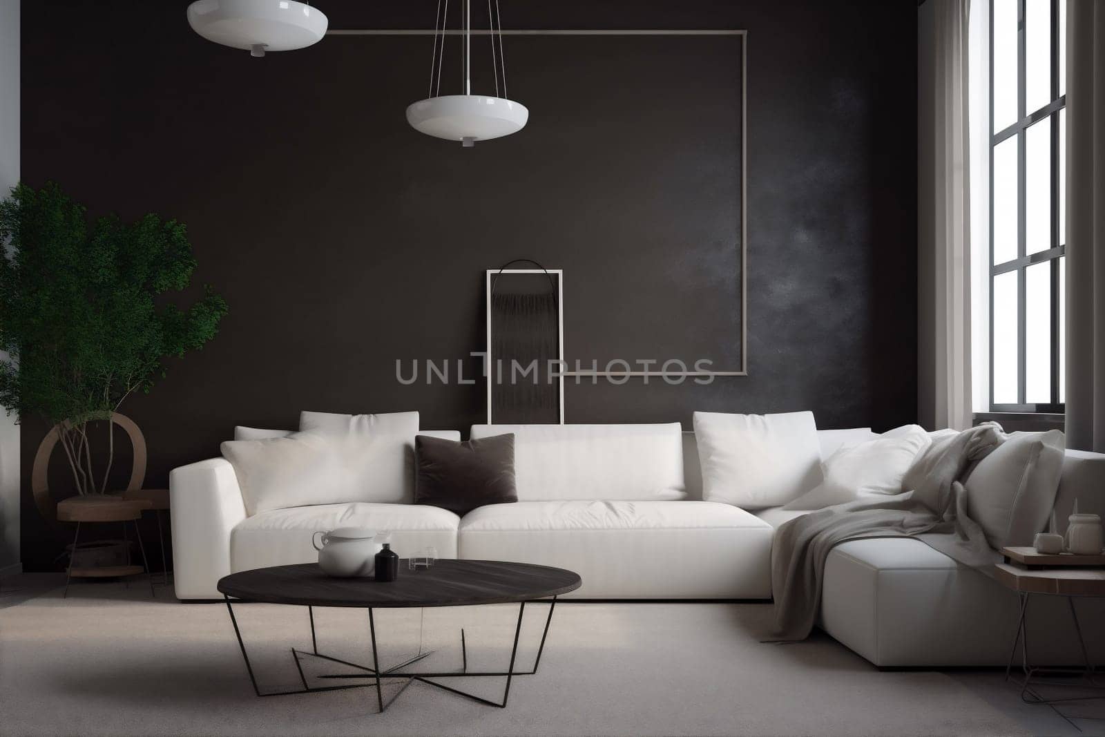 interior background concrete wall space dark sofa cushion cosy pillow indoor three-dimensional lifestyle light house carpet concrete wall render white grey. Generative AI.