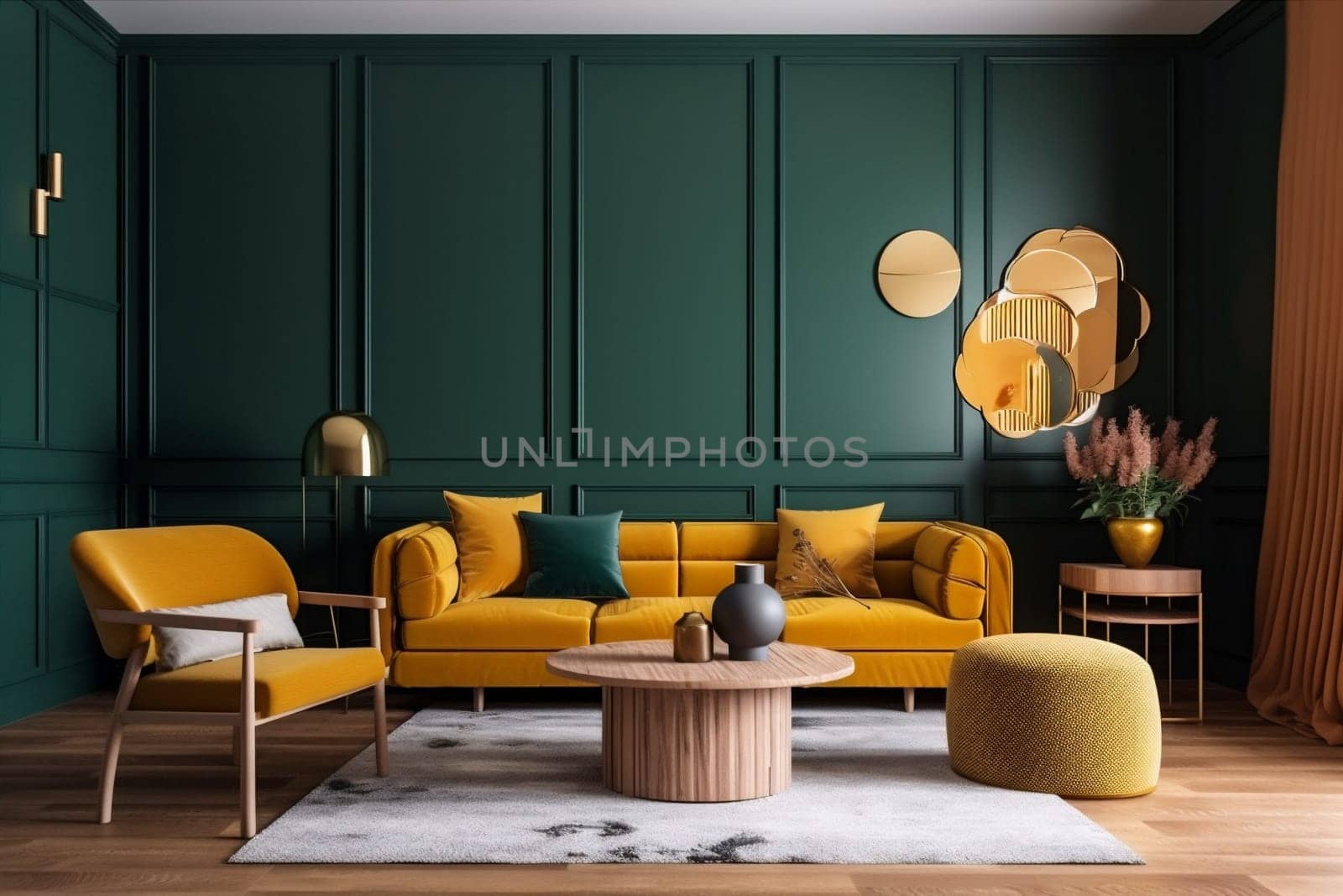 interior background simple lamp space house decoration green sofa lounge room. Generative AI. by SHOTPRIME