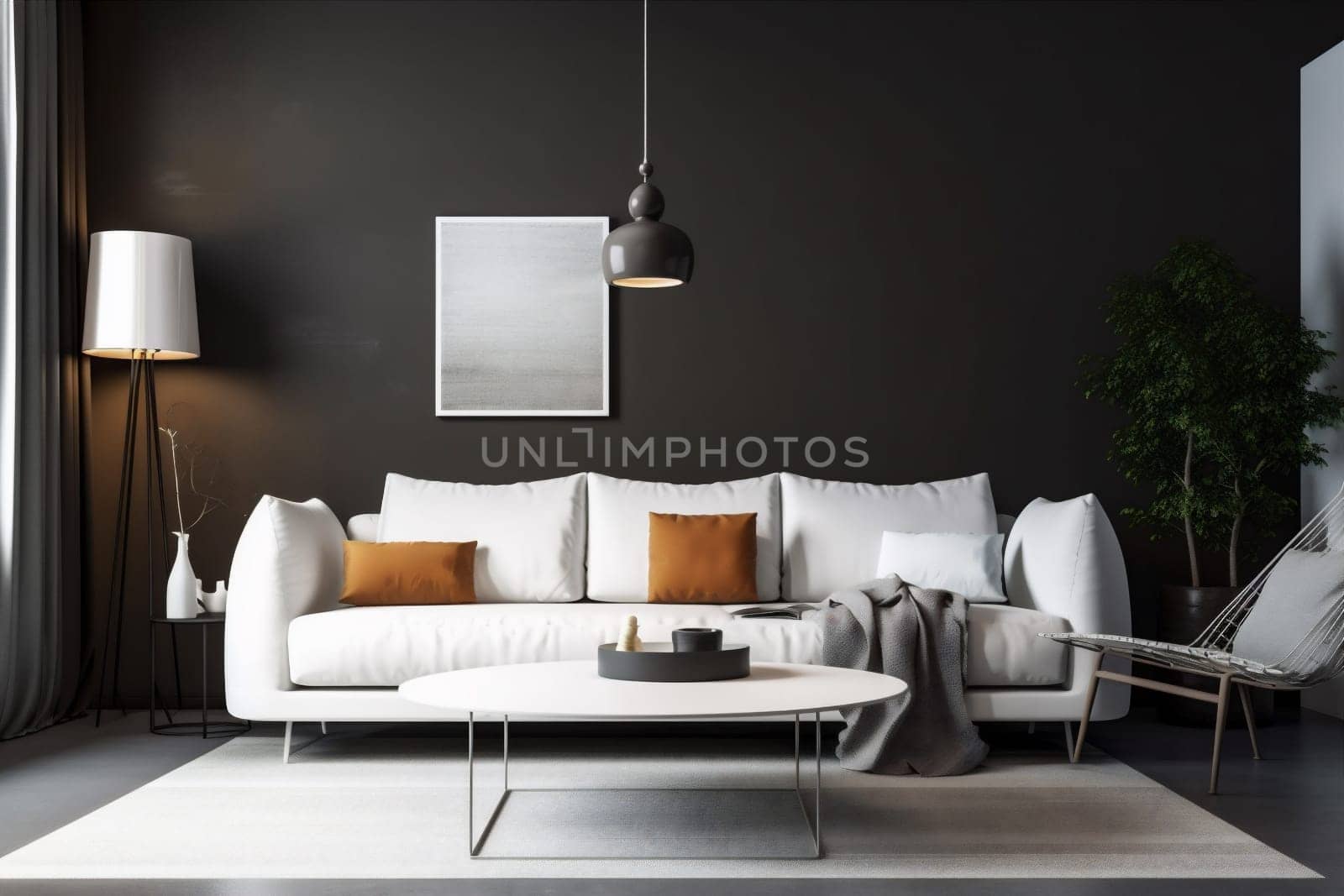 interior background grey couch trendy lifestyle furniture white floor three-dimensional concrete decoration comfortable room design simple luxury modern. Generative AI.