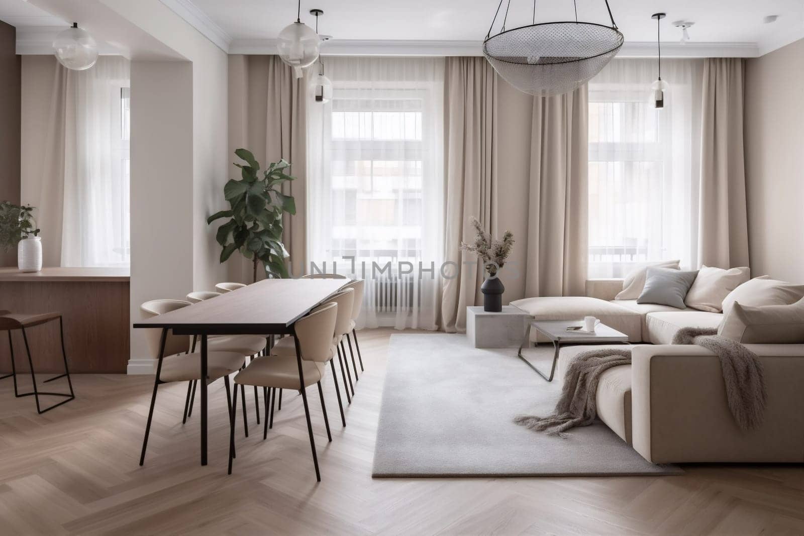 interior background space decor room furniture pillow armchair living floor beige carpet generative ai wall plant green. Generative AI.