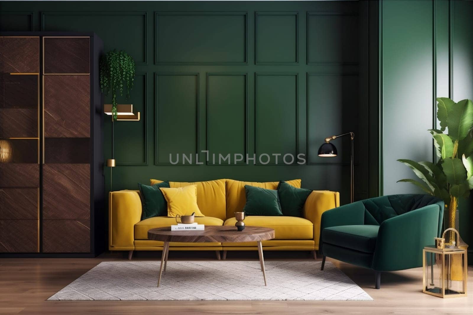 interior background simple green contemporary comfortable copy space living room light wall loft brick house couch apartment lifestyle style three-dimensional lounge lamp pillow. Generative AI.