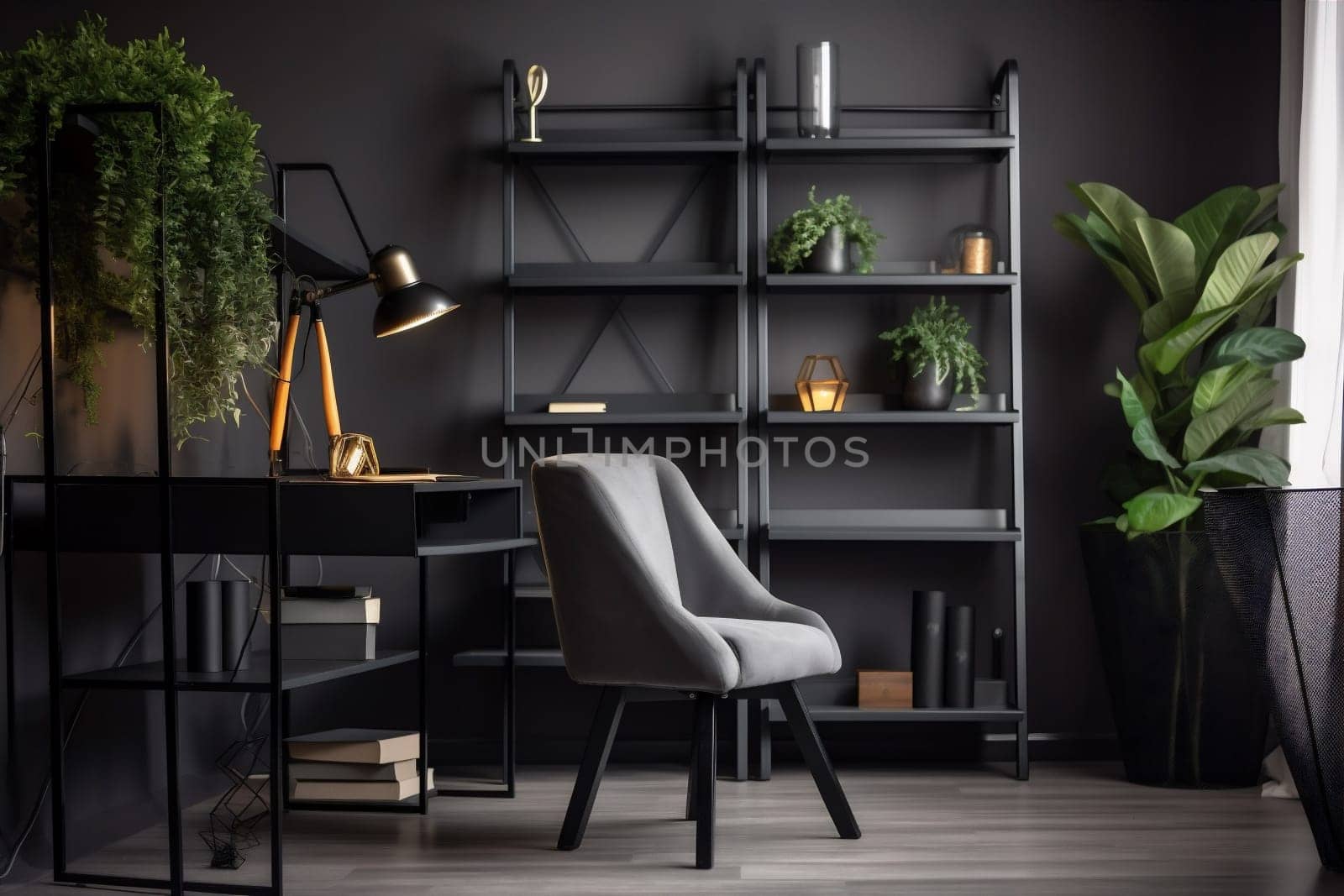 interior background workplace laptop office job computer furniture dark stylish mockup workspace wooden room lamp space trendy indoor wall technology. Generative AI.