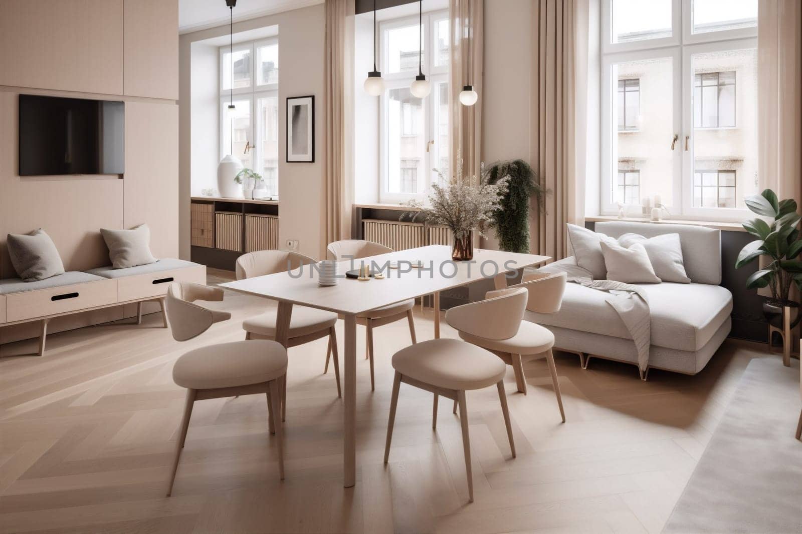interior background beige table light carpet living plant pillow generative ai modern chair. Generative AI. by SHOTPRIME