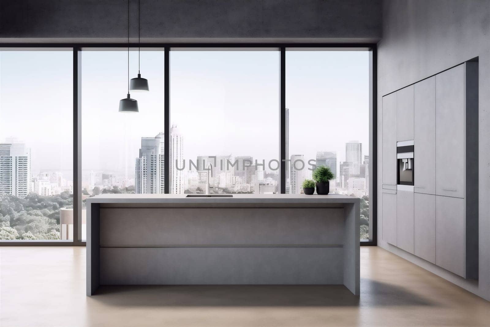 interior furniture 3d modern decor luxury house room wood kitchen lifestyle concrete sink. Generative AI. by SHOTPRIME