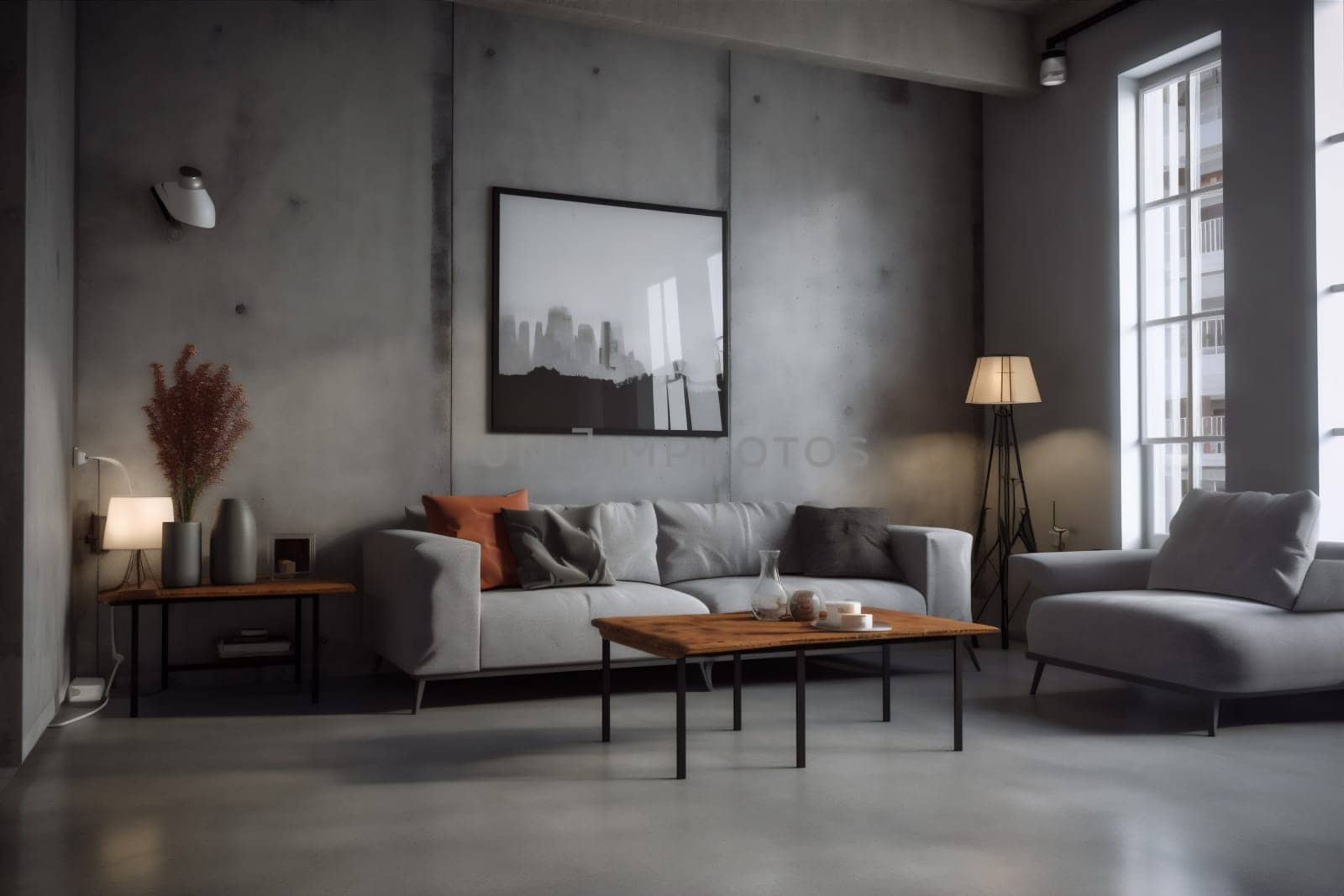 interior style home indoor simple light grey concrete wall cushion living floor decor concrete couch three-dimensional modern. Generative AI.
