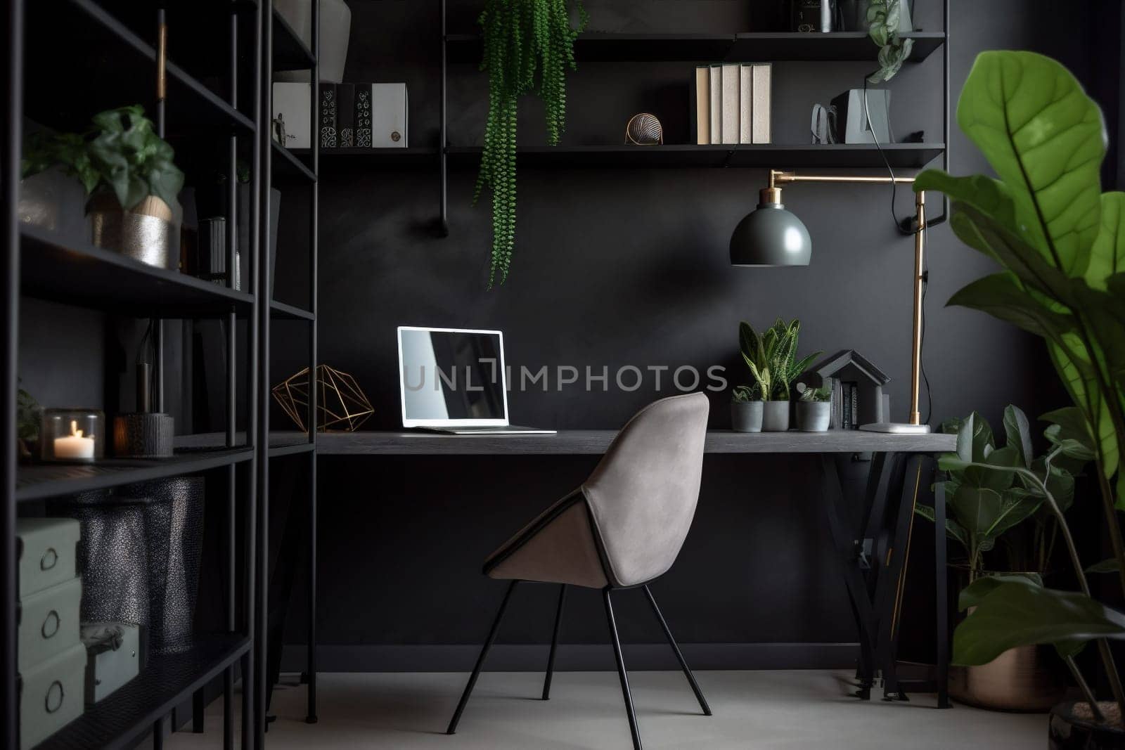 interior background space technology living chair decor contemporary trendy desk plant monitor room work light apartment lifestyle business laptop mockup style home. Generative AI.