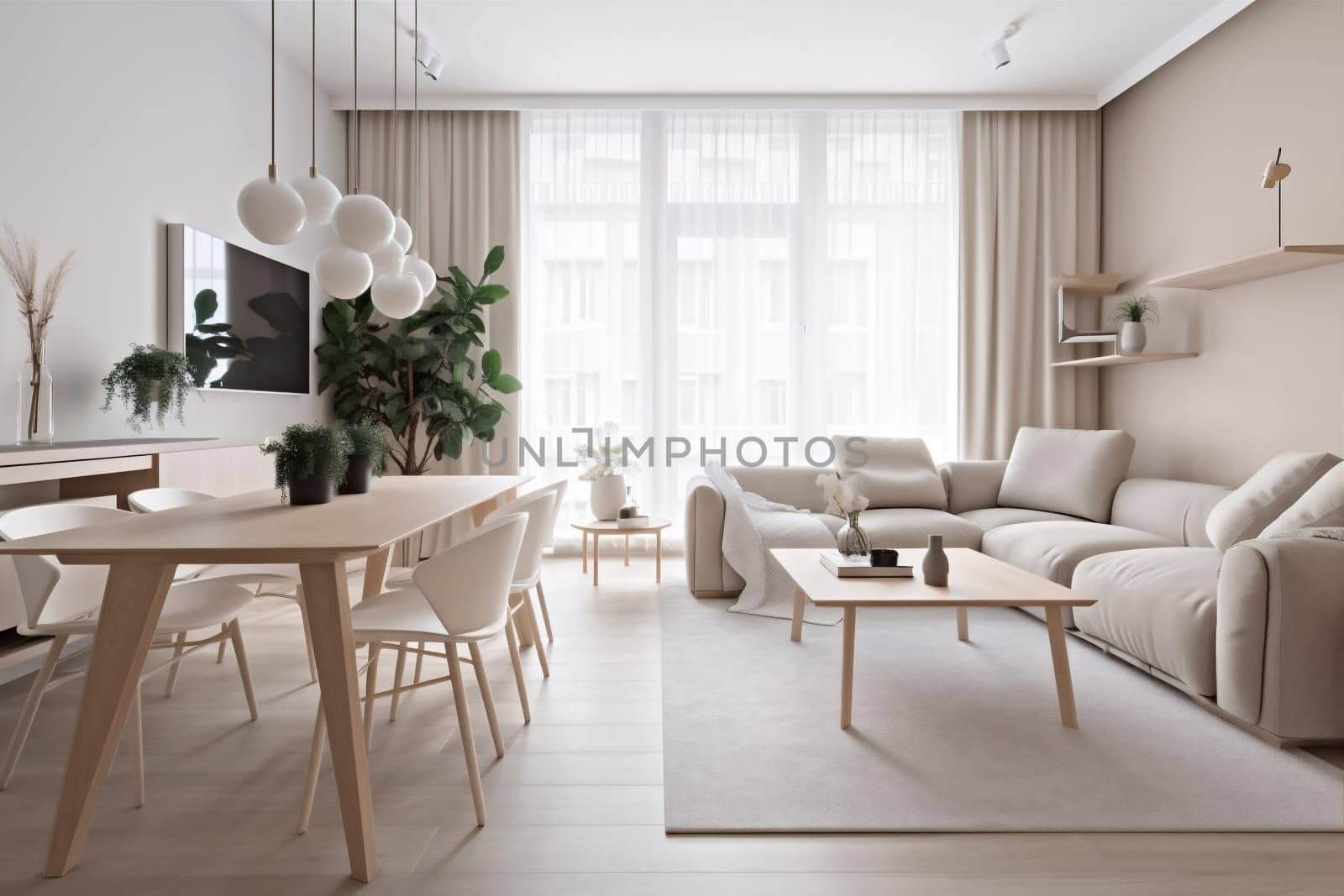 interior background design light apartment modern beige decor lifestyle table wall armchair elegant plant generative ai. Generative AI.