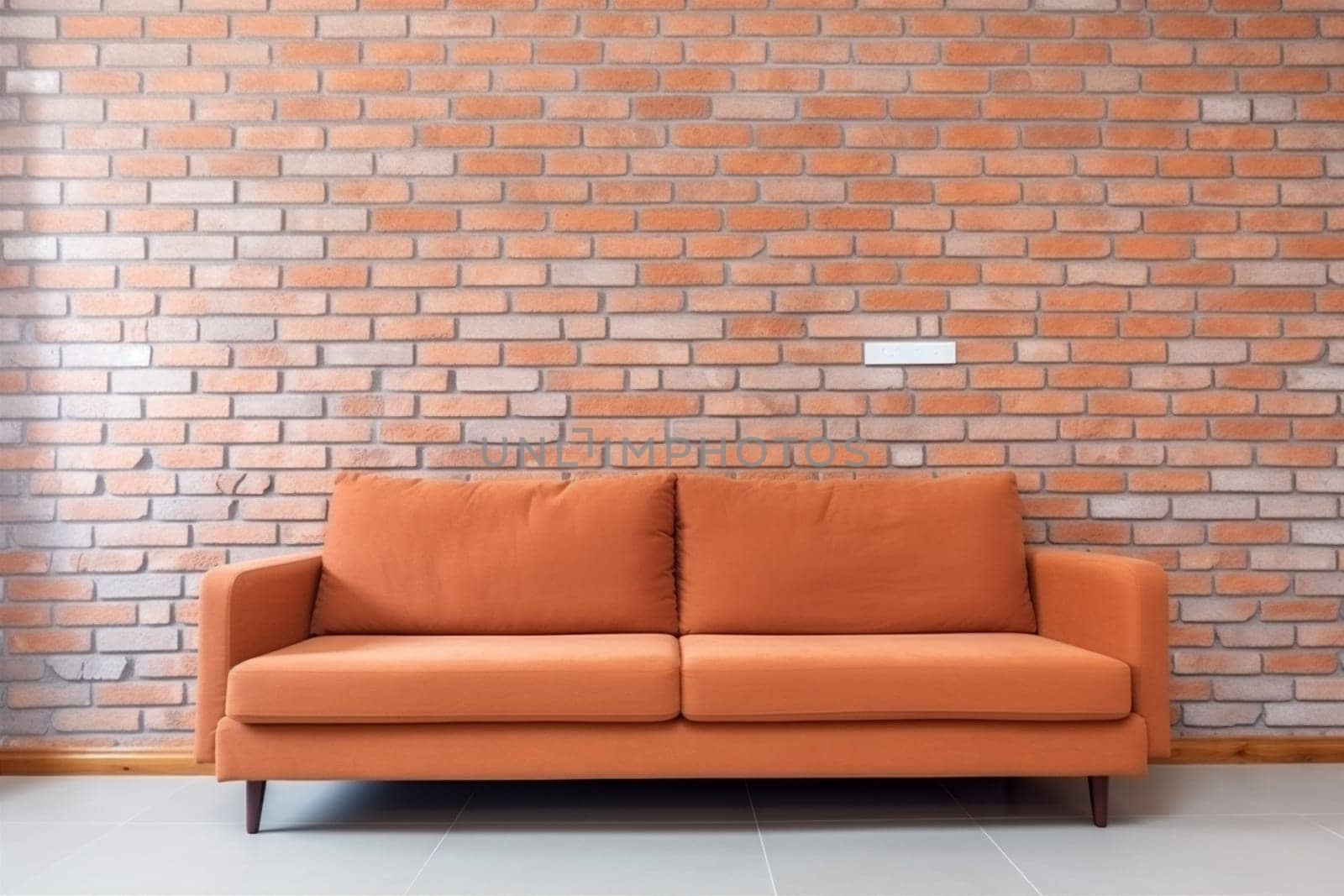interior background design stylish brick brick wall comfortable furniture wall style pillow room contemporary house loft living room home modern couch. Generative AI.