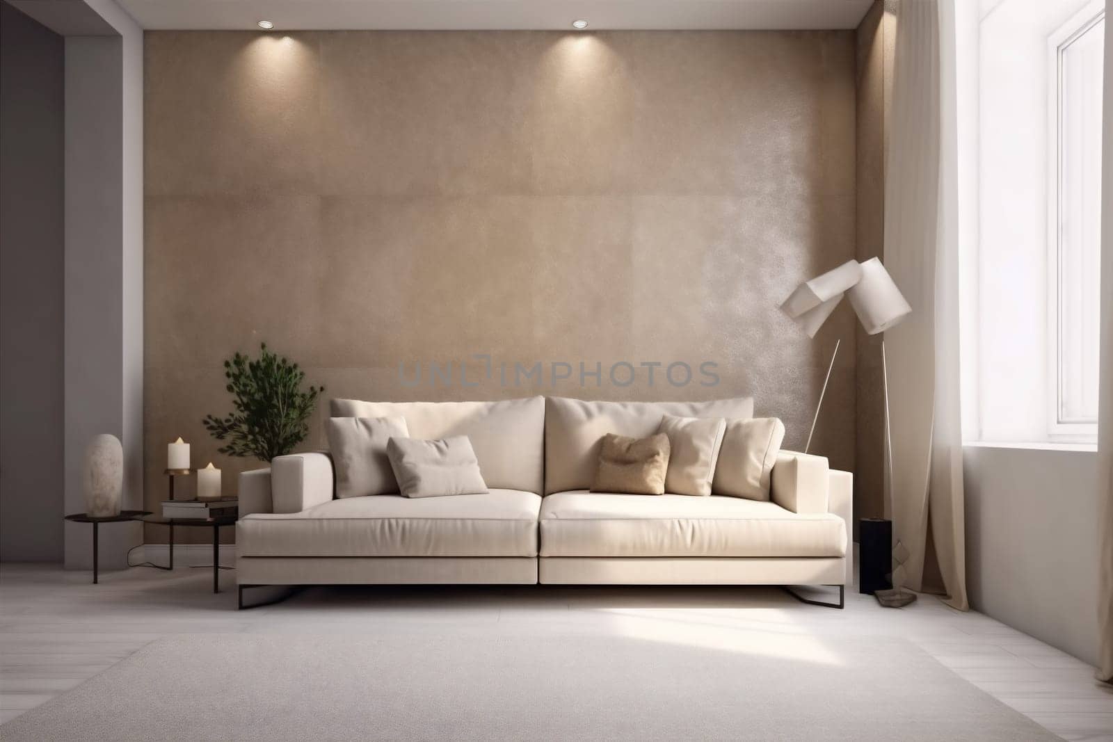 interior background furniture chair luxury stylish sofa home contemporary decoration beige architecture couch table. Generative AI.