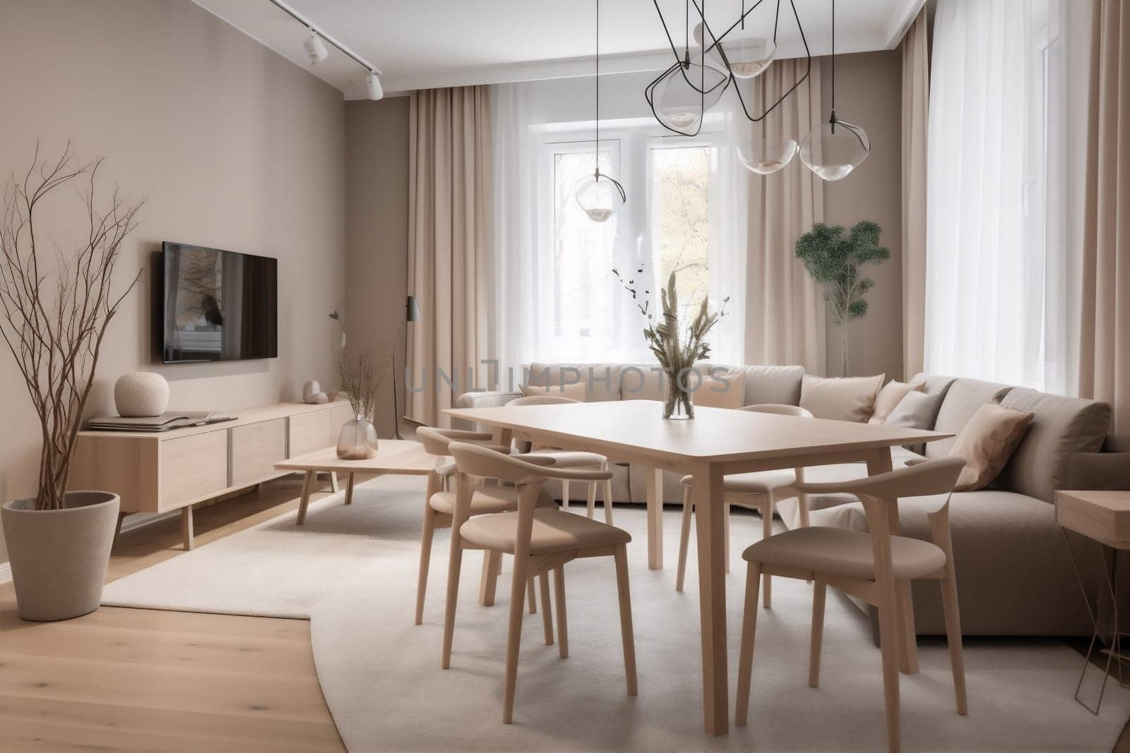 interior background decoration living empty white lifestyle estate nobody indoor green living room home wall furniture house couch elegant beige carpet. Generative AI.