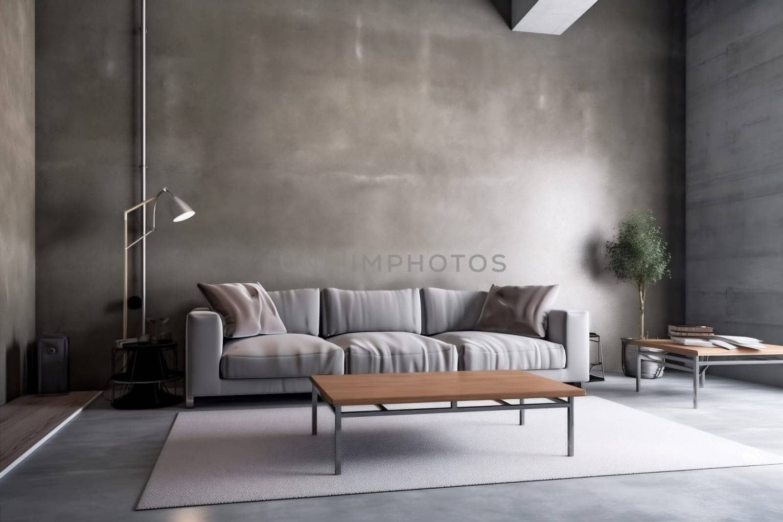 interior background concrete wall sofa cosy apartment couch space contemporary floor scandinavian comfortable lounge. Generative AI. by SHOTPRIME