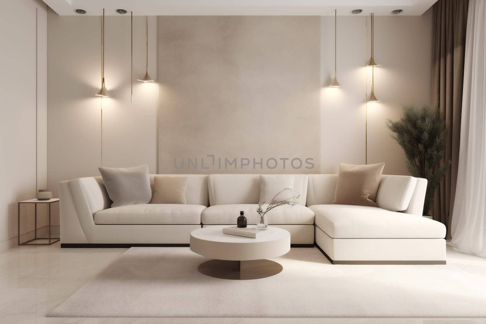 interior background design elegant living room contemporary modern house beige wall apartment home table light generative ai green white decor indoor. Generative AI.