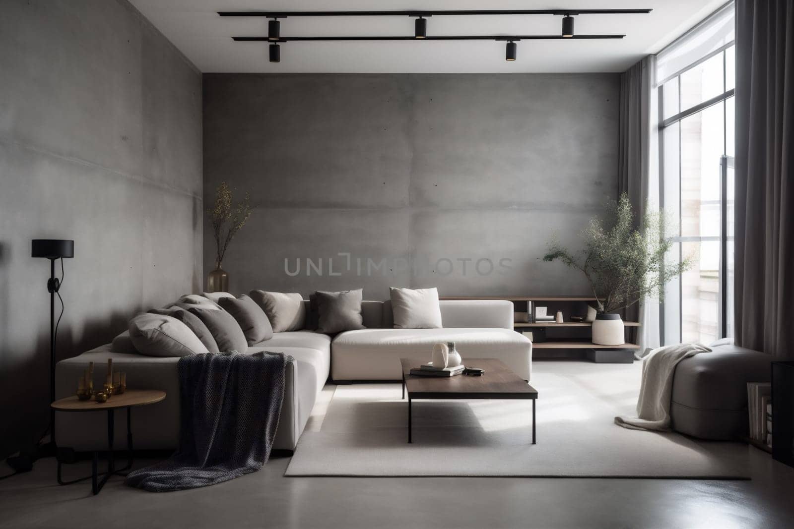 interior background empty style comfortable simple contemporary trendy living room couch wall concrete wall room apartment green modern decoration lamp cushion. Generative AI.