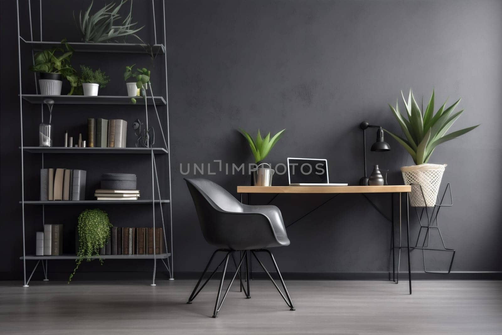 interior background job wall chair lifestyle modern living computer shelf workplace stylish mockup work nobody room plant shelves home laptop table. Generative AI.