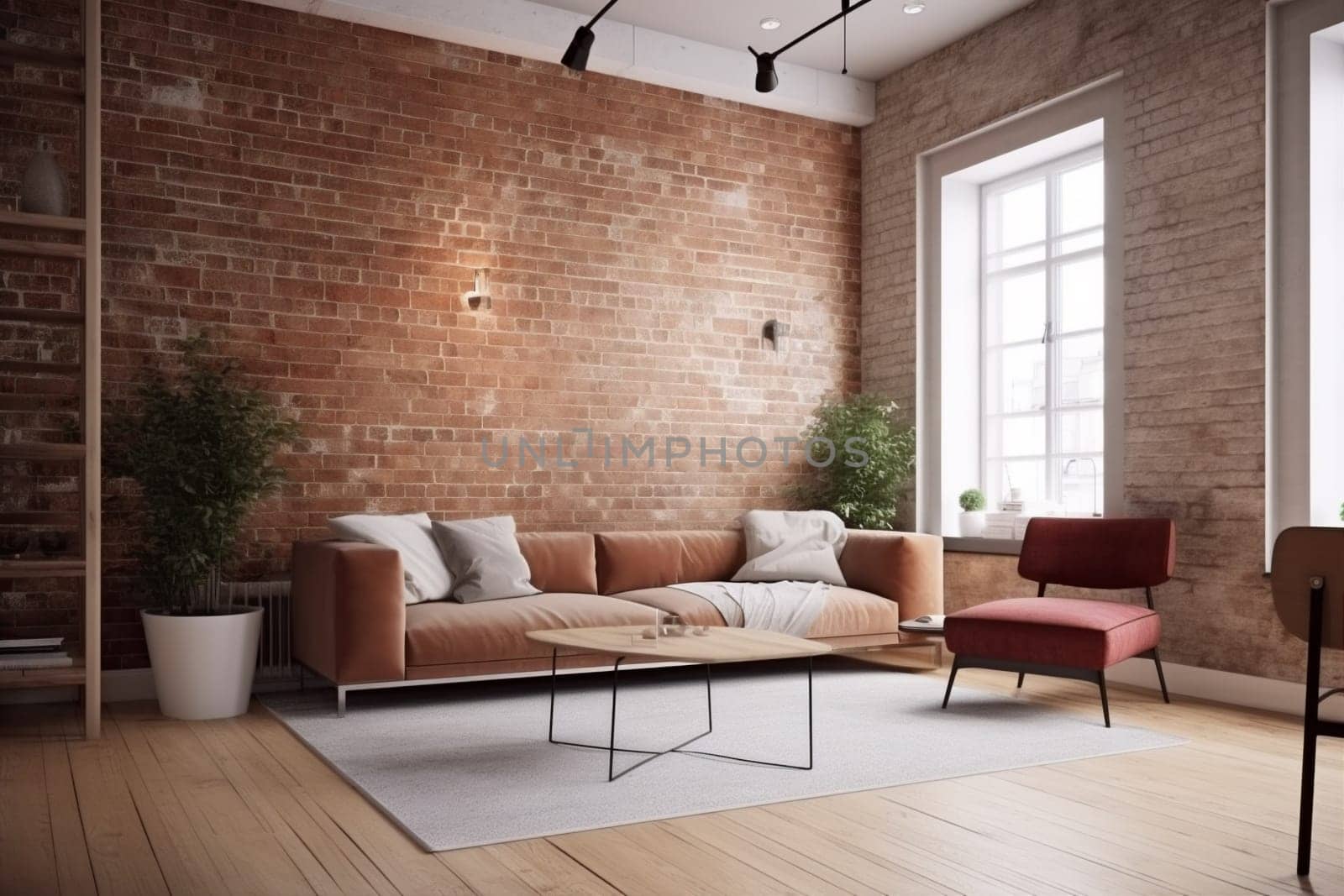 interior empty cosy terracotta wall lamp lifestyle loft sofa render white design living luxury. Generative AI.