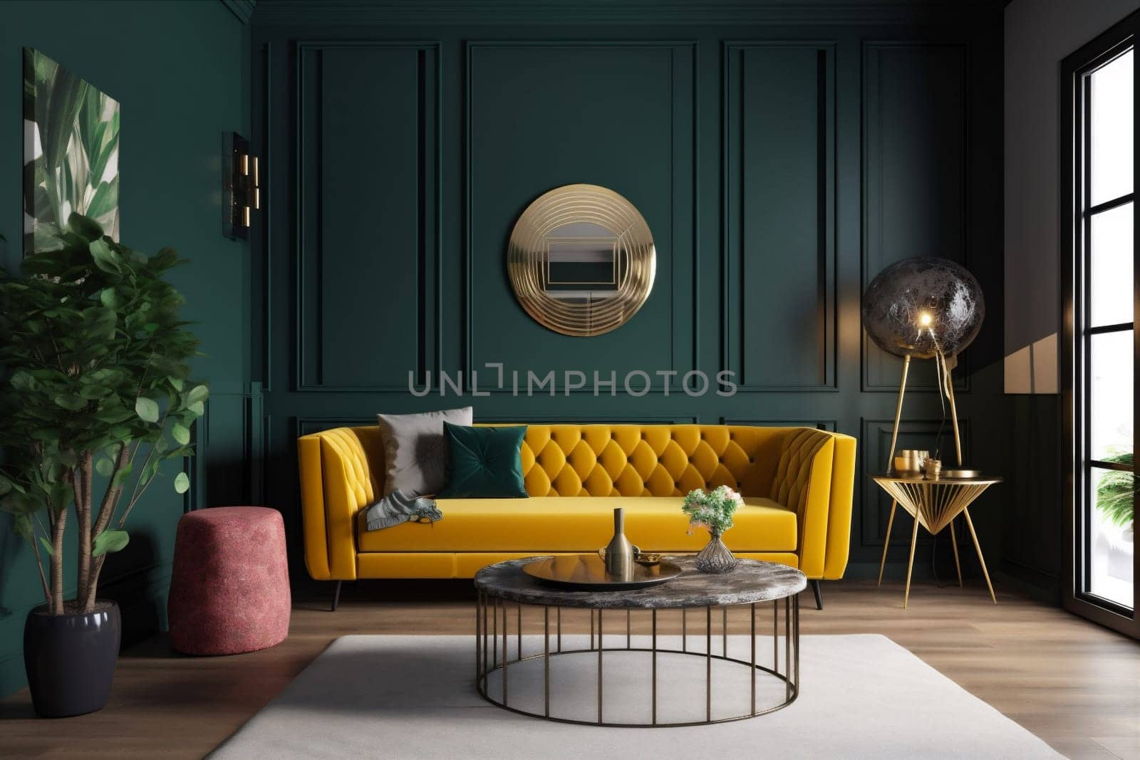 interior background modern living room lounge pillow apartment room yellow space indoor lamp light living render cosy design comfortable stylish white contemporary floor. Generative AI.