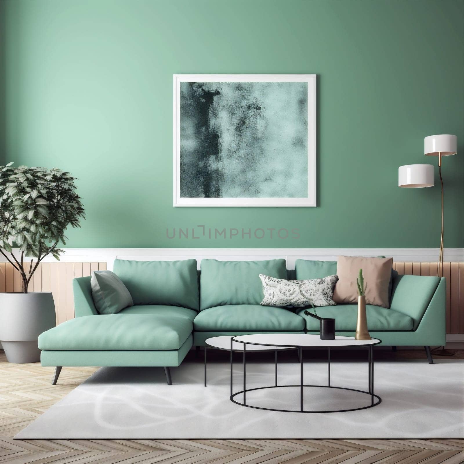 interior decor couch home contemporary indoor comfortable design decoration living pillow light lifestyle sofa trendy cushion. Generative AI.