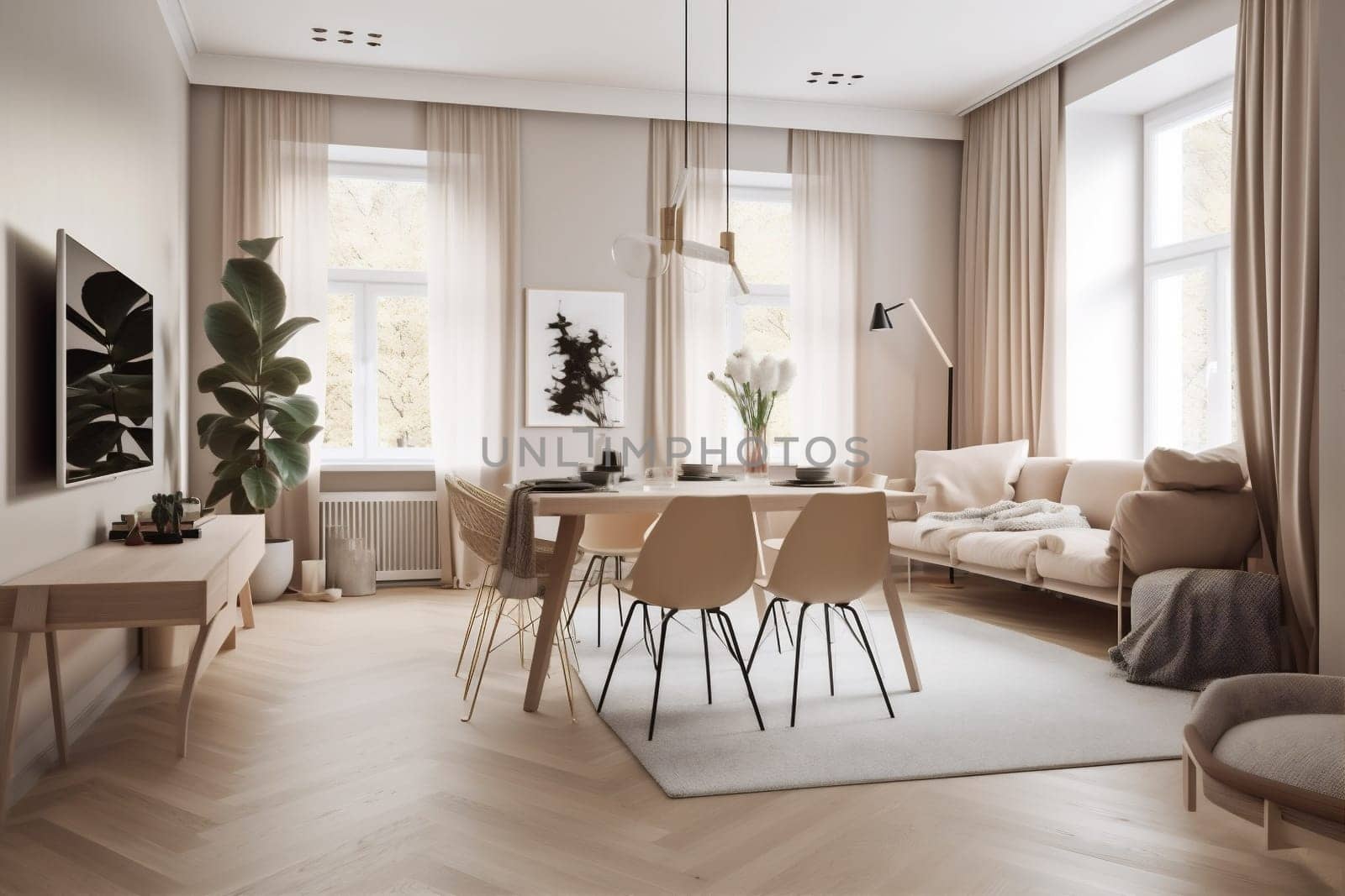 interior background contemporary living room window nobody white apartment table pillow decoration empty living space couch luxury stylish. Generative AI.