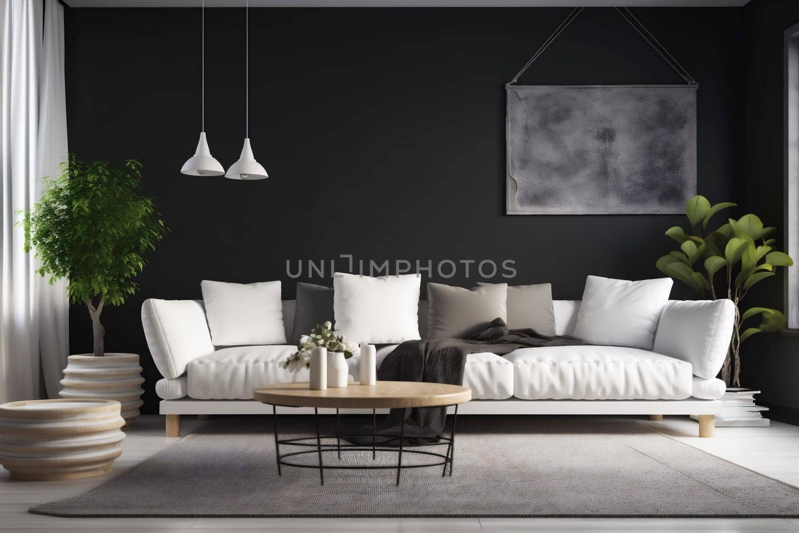 interior background indoor render concrete wall house grey furniture white scandinavian couch decor empty pillow design living luxury cosy trendy apartment modern three-dimensional. Generative AI.