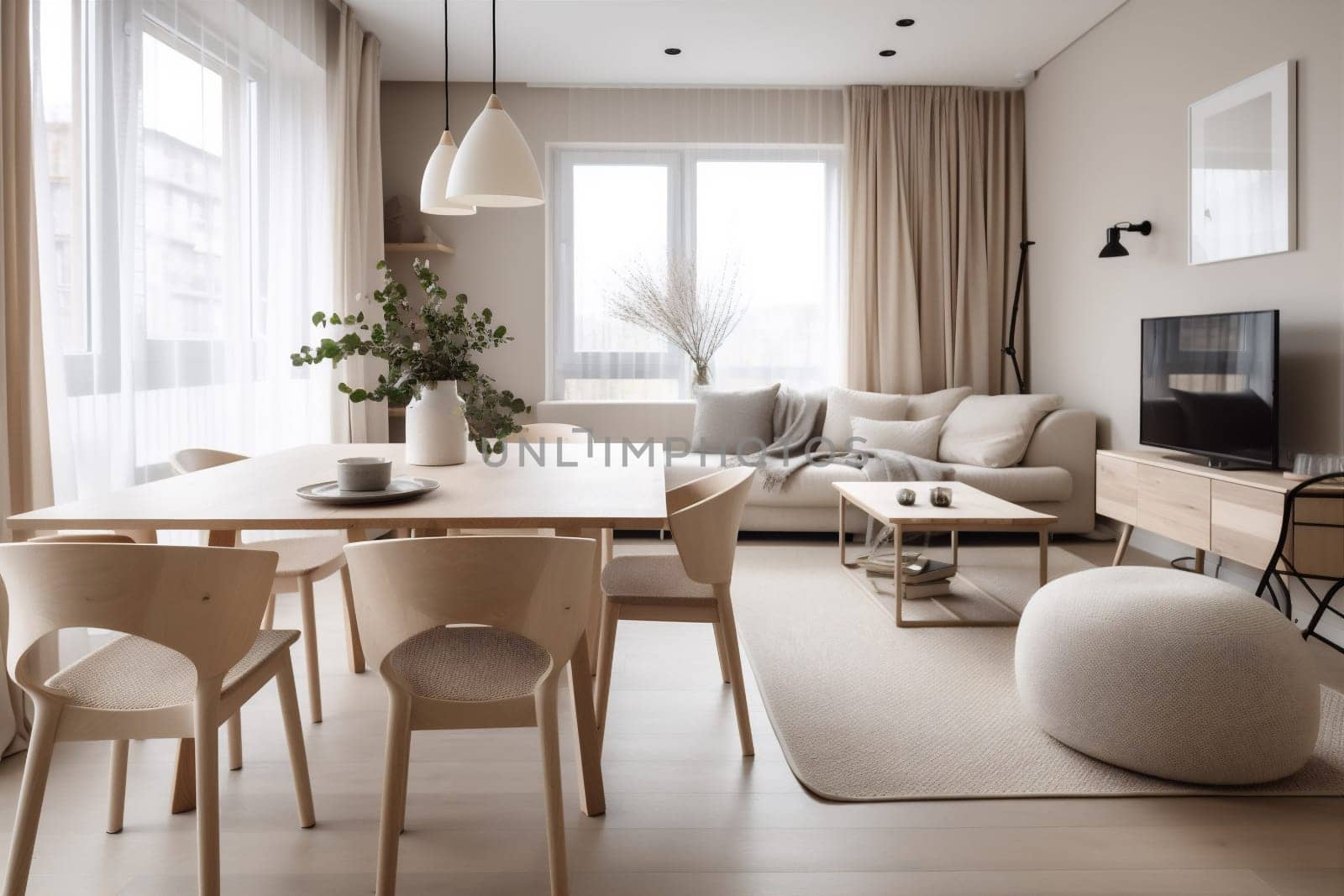 interior background modern armchair comfortable beige light room decor luxury carpet green stylish plant furniture. Generative AI.